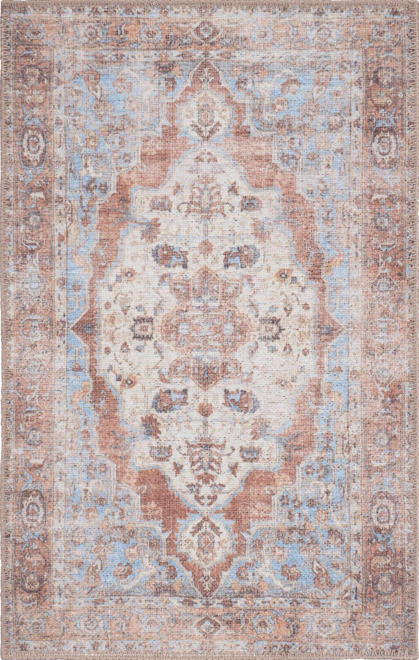GLN Rugs Sinop - Machine Washable Area Rug - Brown/Blue Home Rug