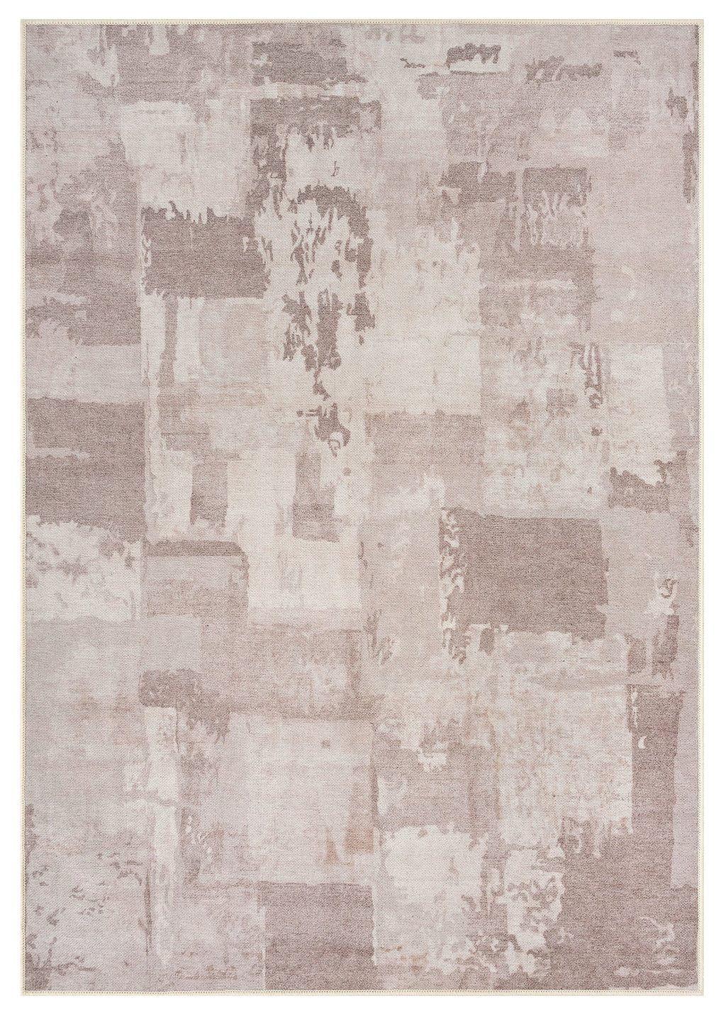 A machine washable, distressed bohemian style area rug in beige and white tones with a contemporary abstract design.