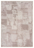 A machine washable, distressed bohemian style area rug in beige and white tones with a contemporary abstract design.