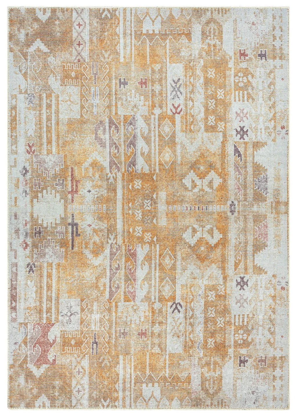 A bohemian style area rug with a geometric pattern in Turkish yellow and gray tones.