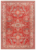 A traditional Turkish red and beige area rug with a geometric pattern.