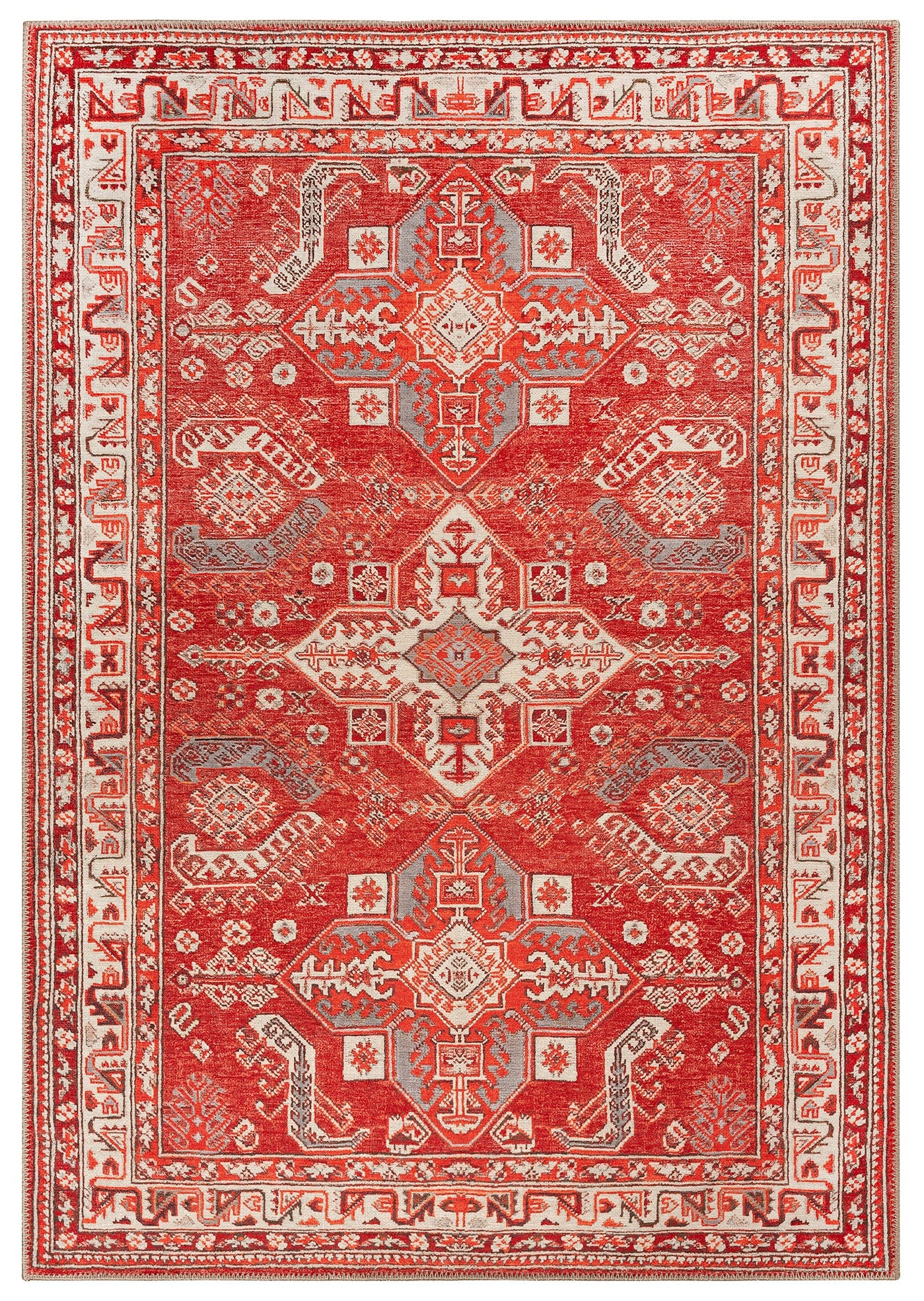A traditional Turkish red and beige area rug with a geometric pattern.