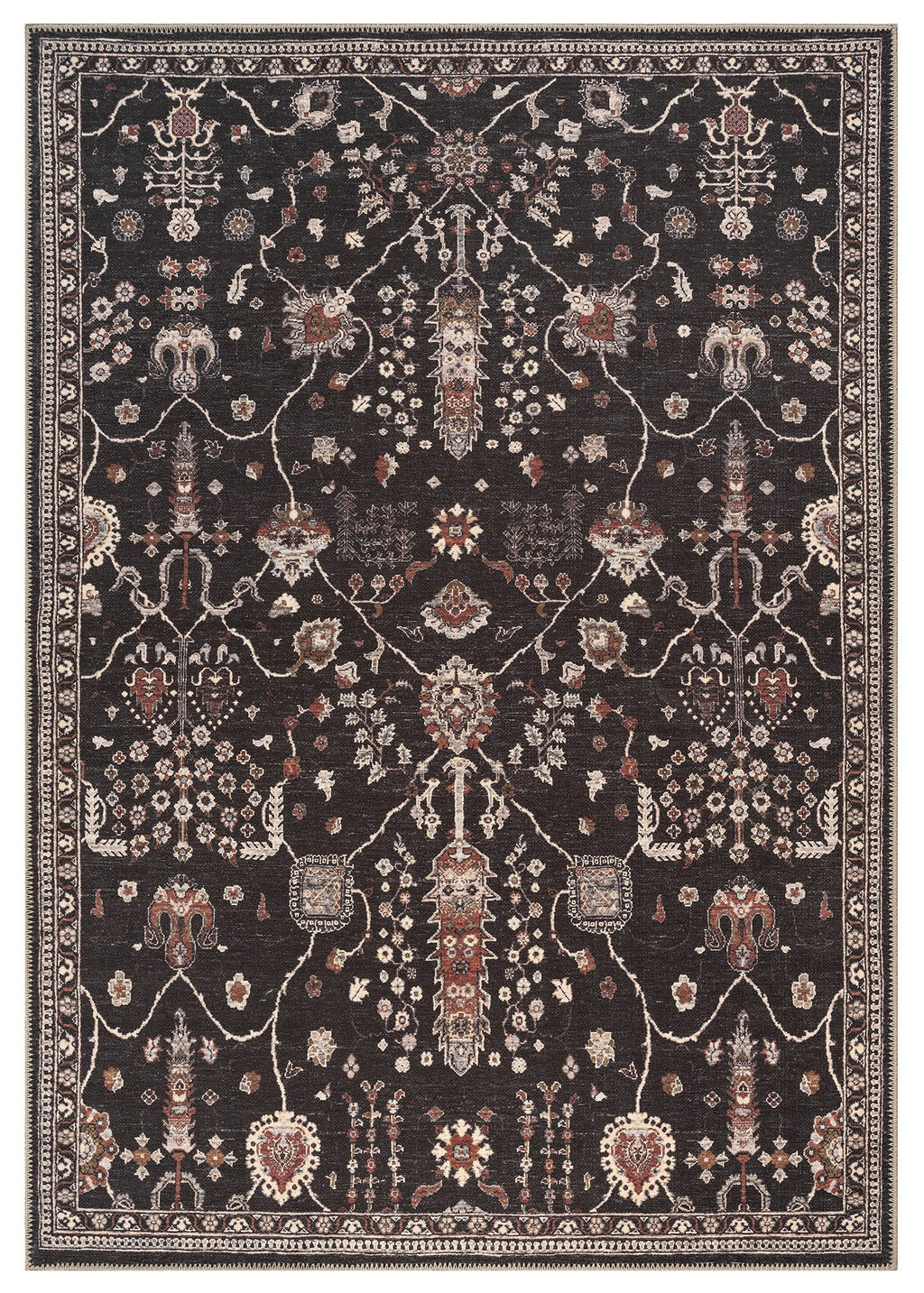 A black area rug with a traditional geometric pattern suitable for various room settings.