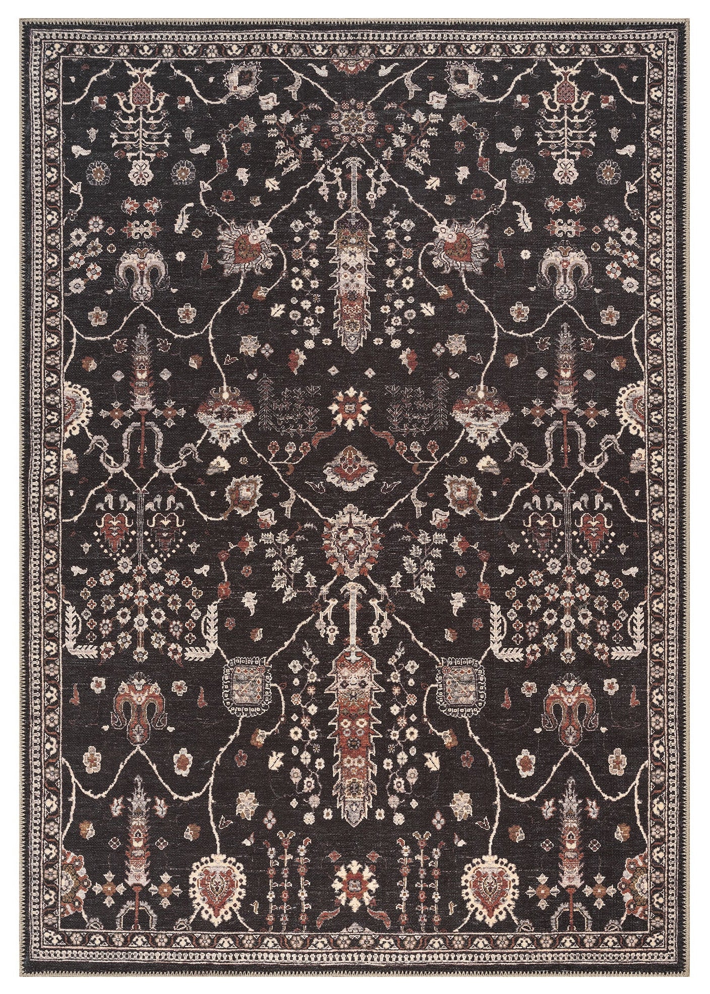 A black area rug with a traditional geometric pattern suitable for various room settings.