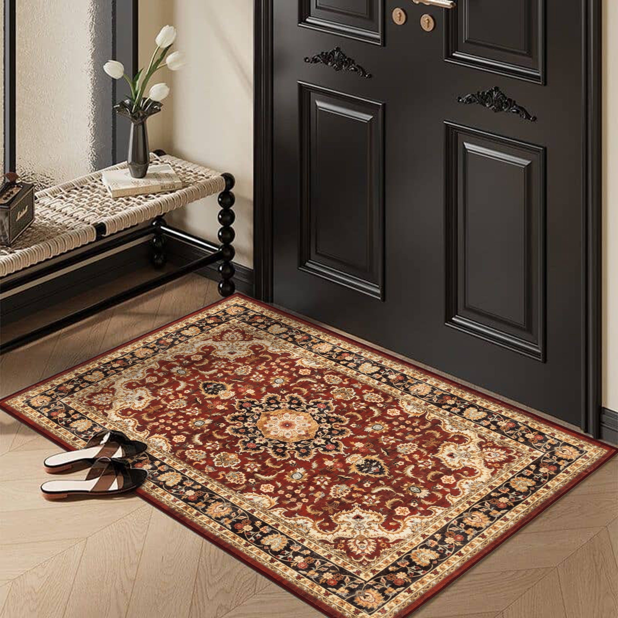 GLN Rugs Aphrodite - Machine Washable Area Rug - Red/Gold Home Rug