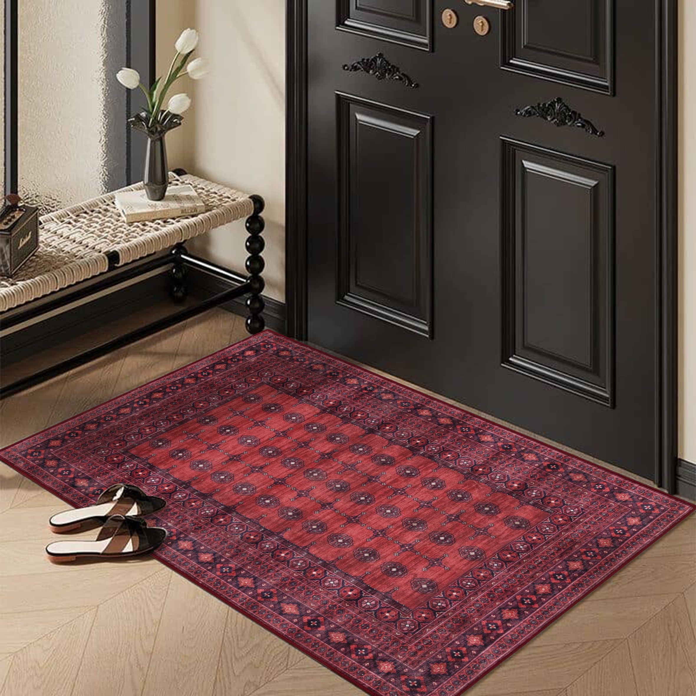 GLN Rugs Arcadia - Machine Washable Area Rug - Dark Red Home Rug