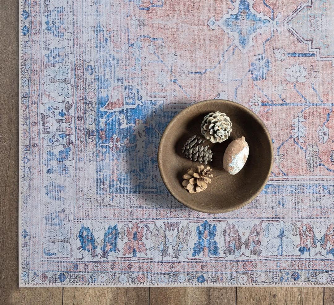 GLN Rugs Larisa - Machine Washable Area Rug - Turkish Peach/Blue Home Rugs