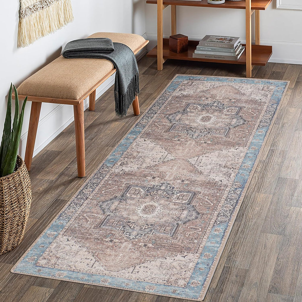 GLN Rugs Sinop - Machine Washable Area Rug - Brown/Blue Home Rug
