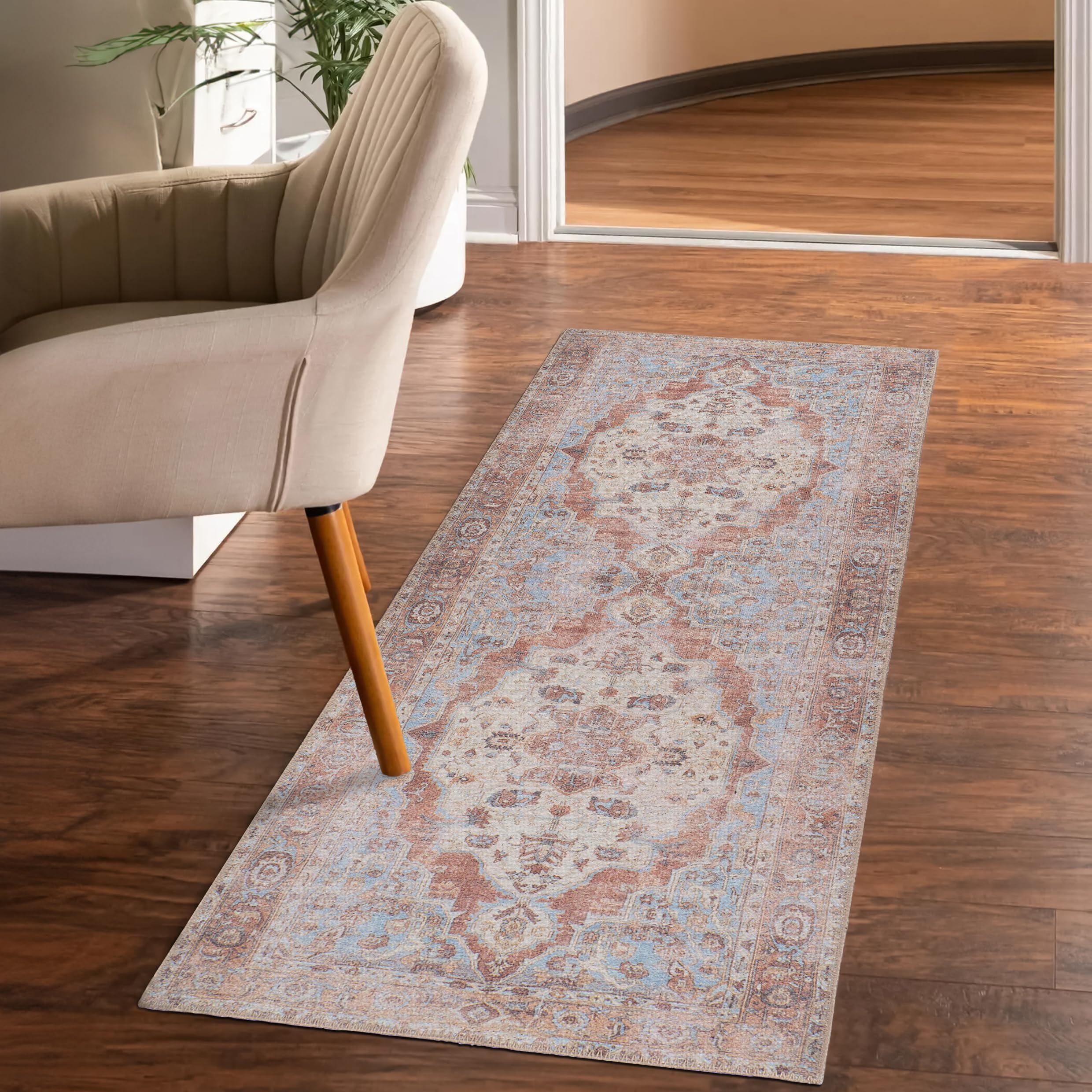 GLN Rugs Sinop - Machine Washable Area Rug - Brown/Blue Home Rug