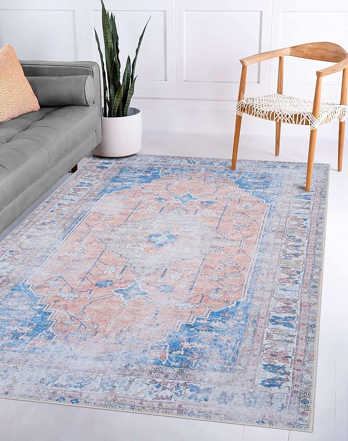 GLN Rugs Larisa - Machine Washable Area Rug - Turkish Peach/Blue Home Rugs