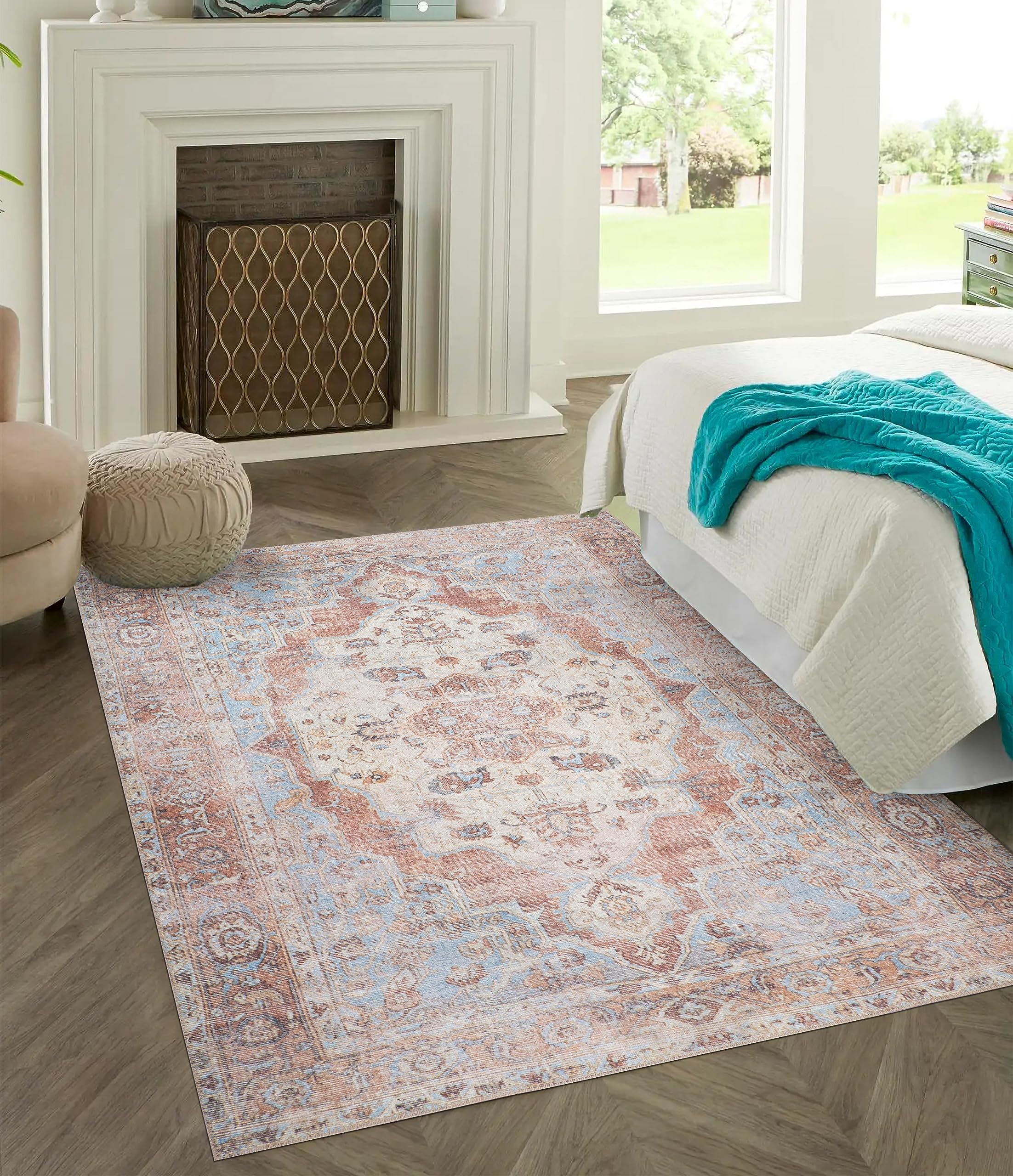 GLN Rugs Sinop - Machine Washable Area Rug - Brown/Blue Home Rug
