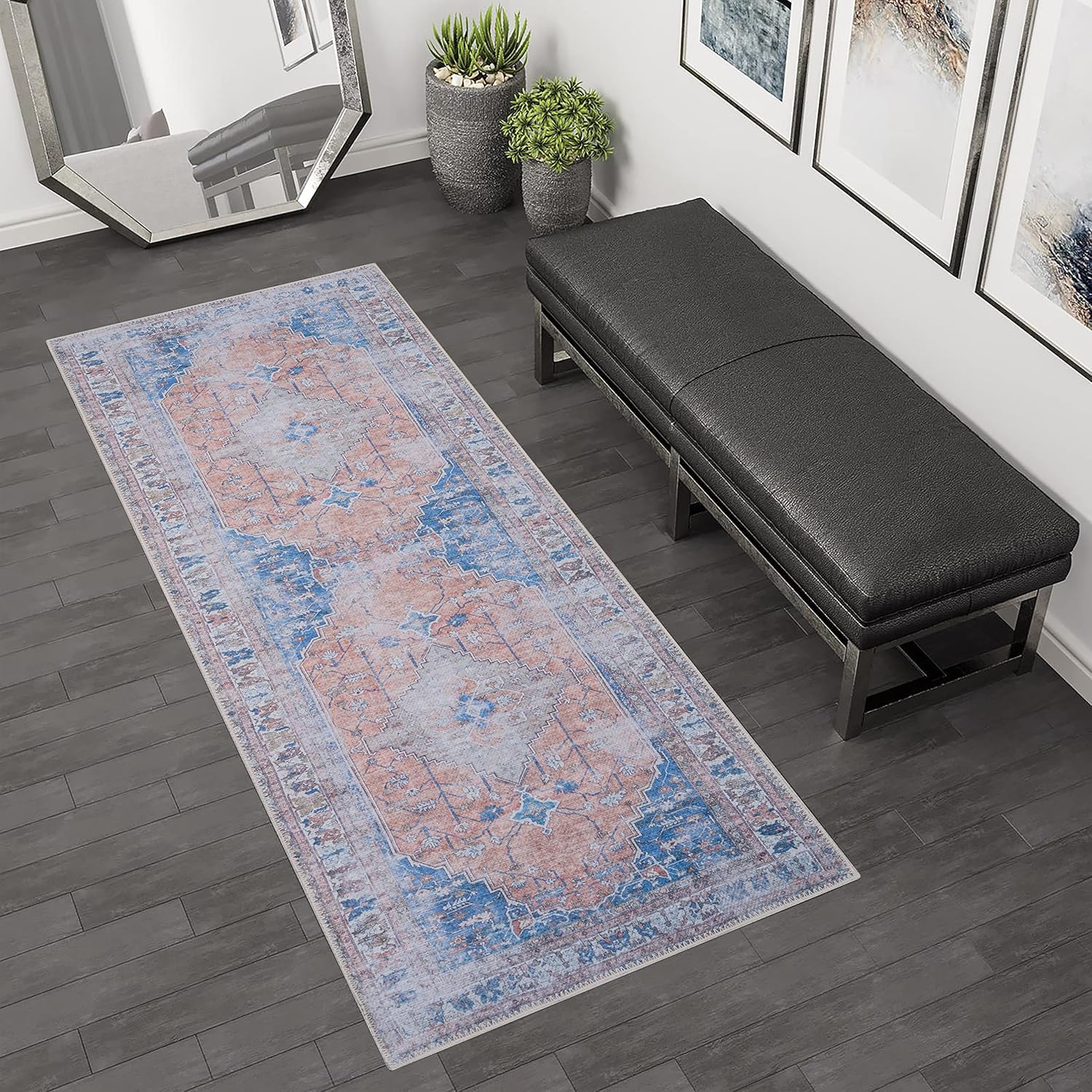 GLN Rugs Larisa - Machine Washable Area Rug - Turkish Peach/Blue Home Rugs