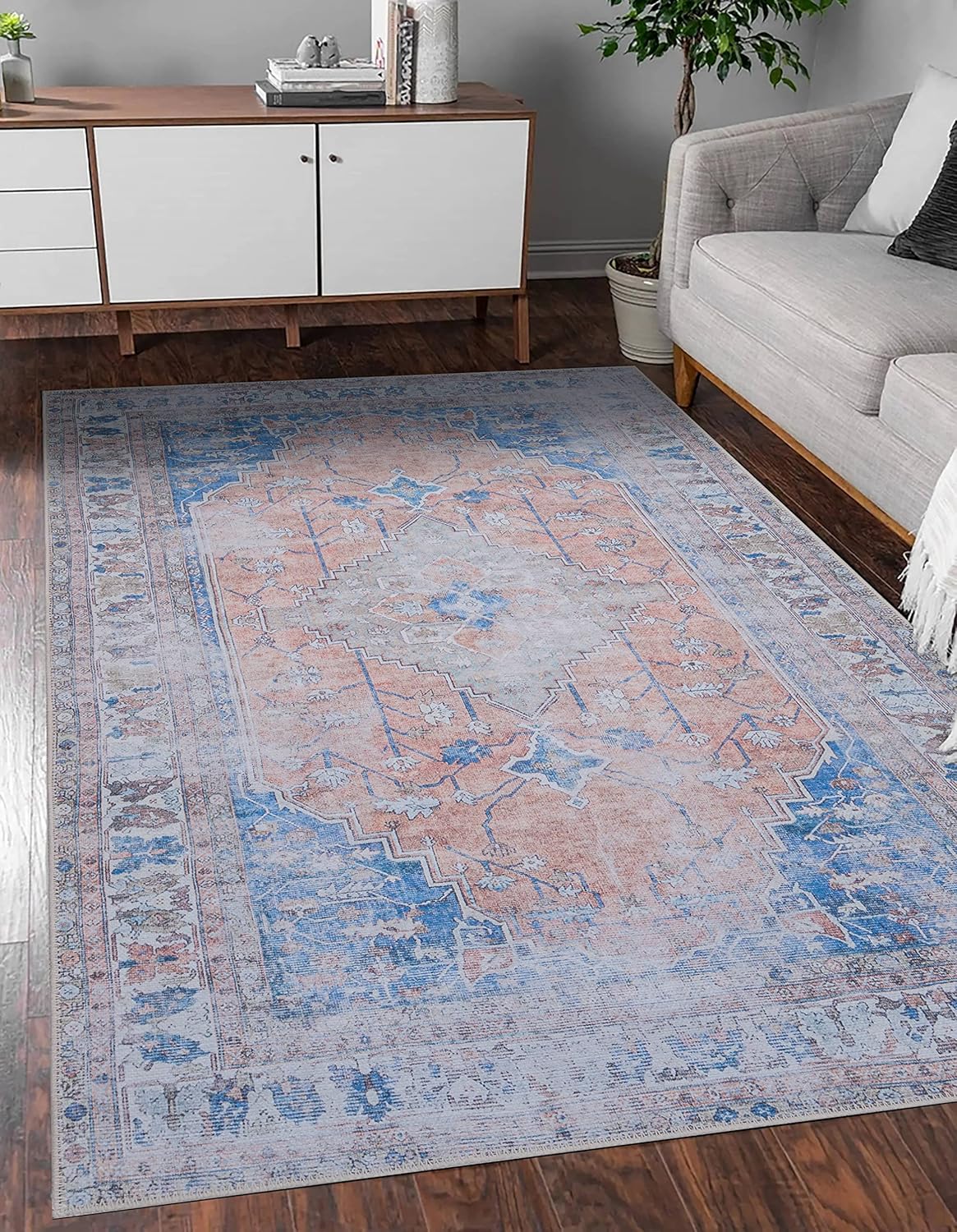 GLN Rugs Larisa - Machine Washable Area Rug - Turkish Peach/Blue Home Rugs