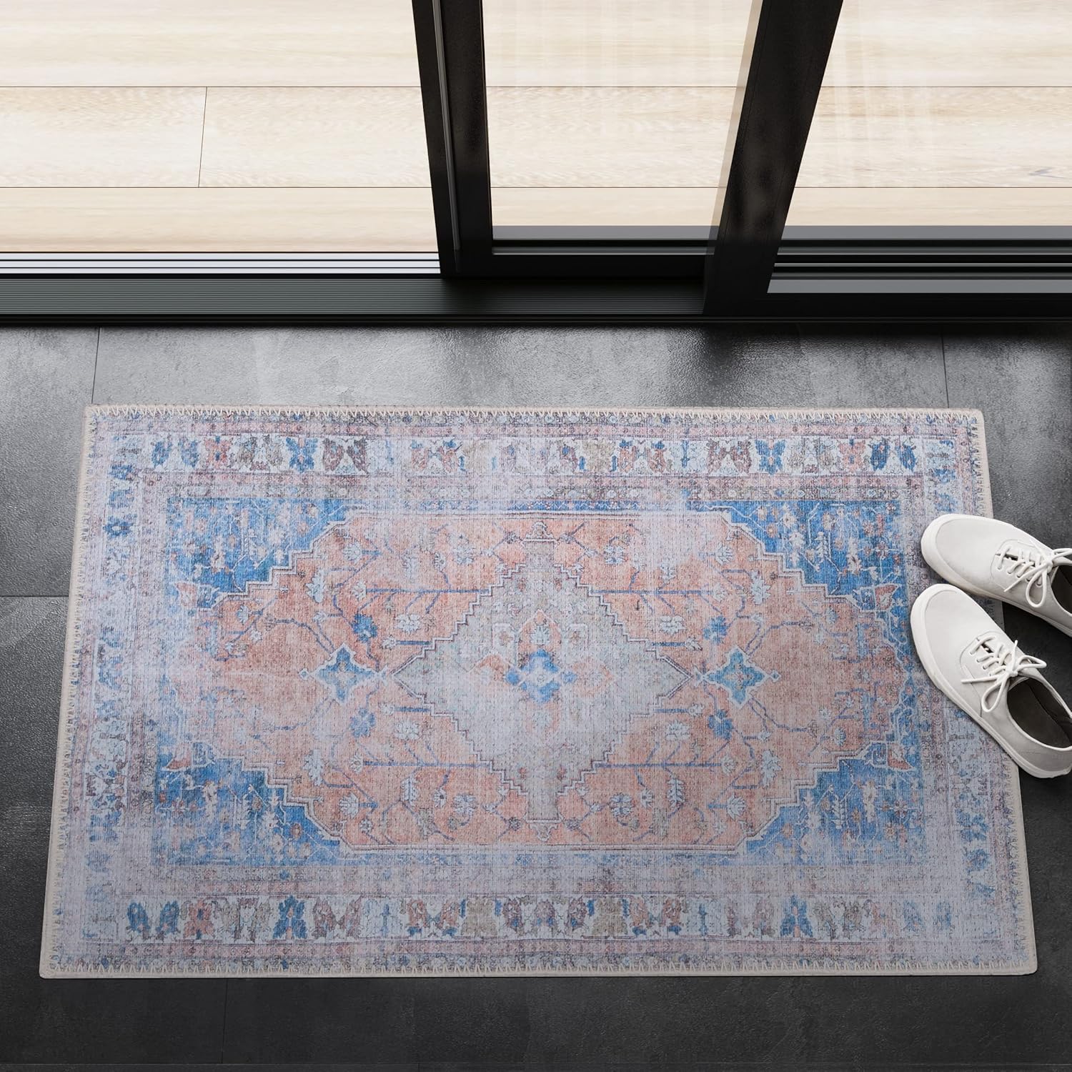 GLN Rugs Larisa - Machine Washable Area Rug - Turkish Peach/Blue Home Rugs