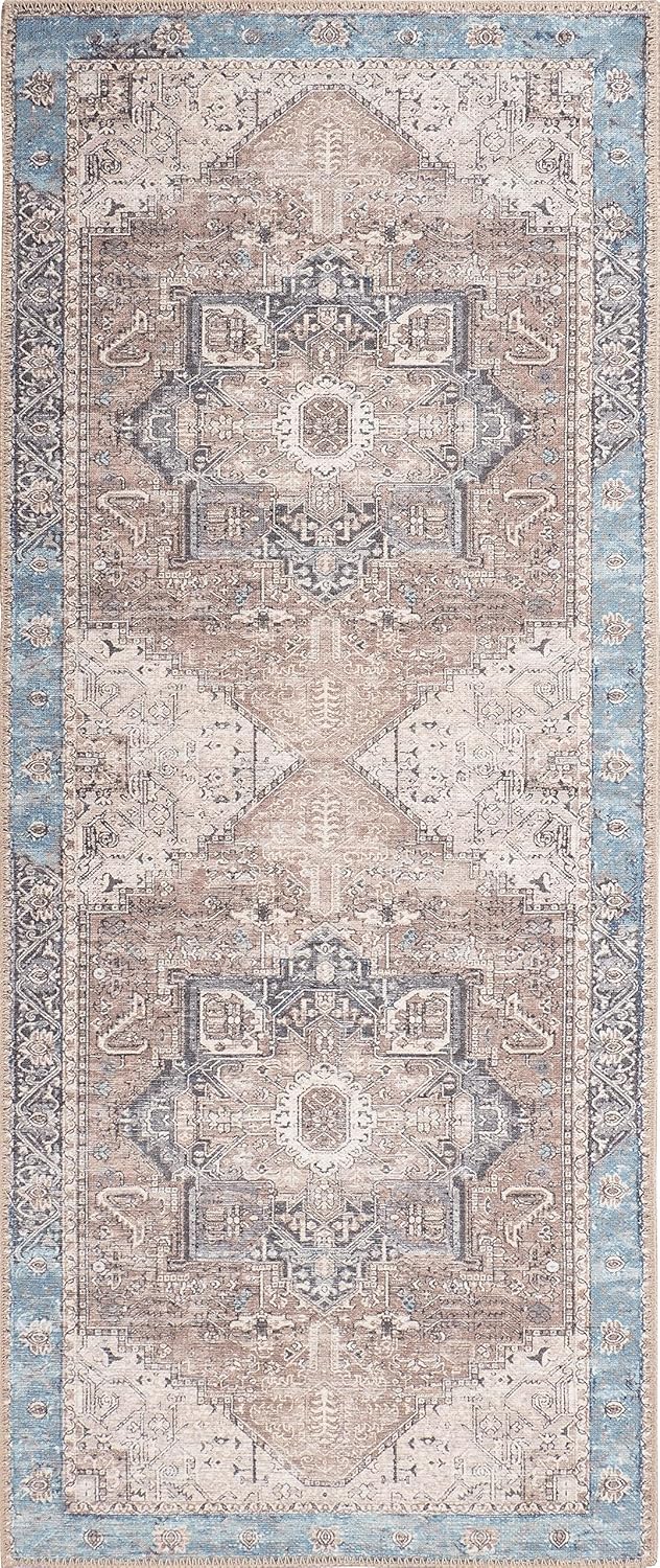 GLN Rugs Sinop - Machine Washable Area Rug - Brown/Blue Home Rug