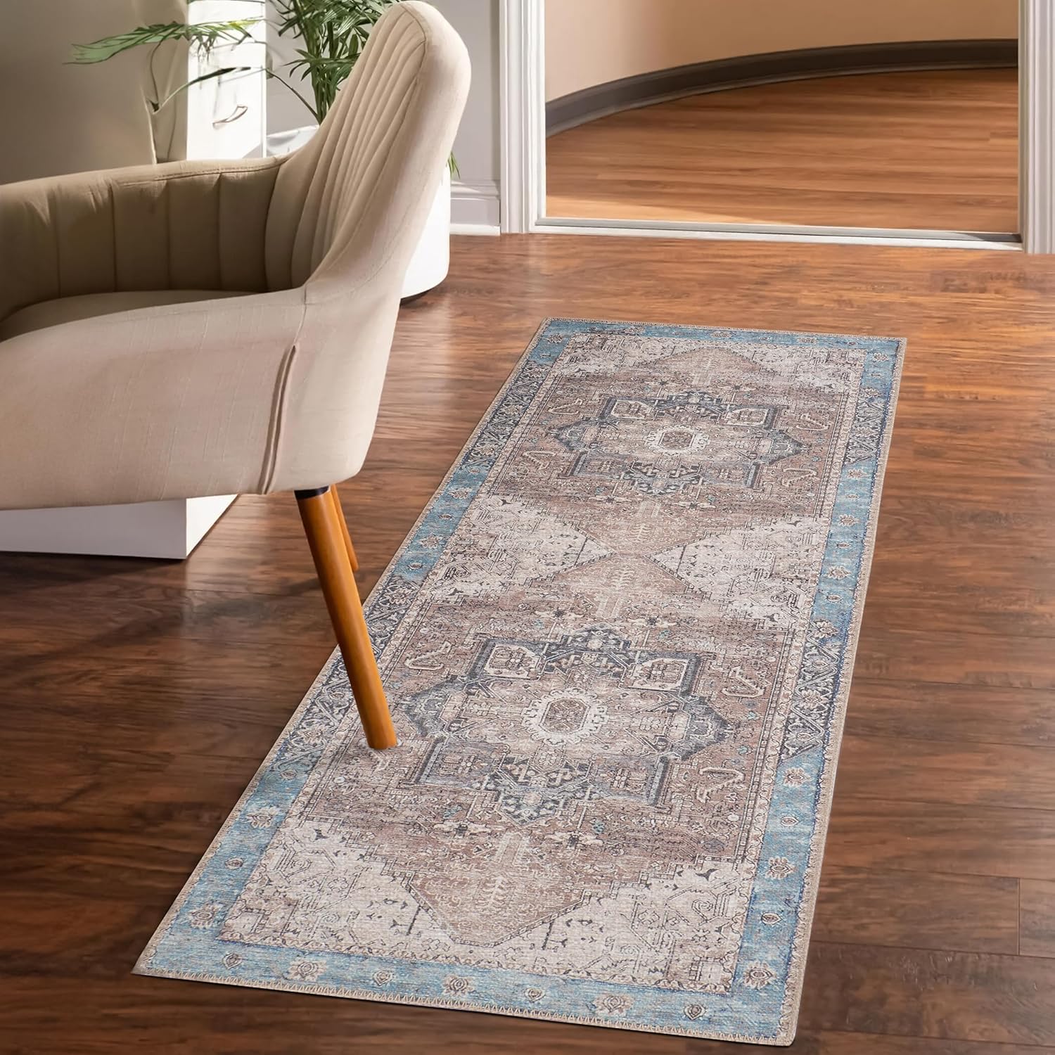 GLN Rugs Sinop - Machine Washable Area Rug - Brown/Blue Home Rug