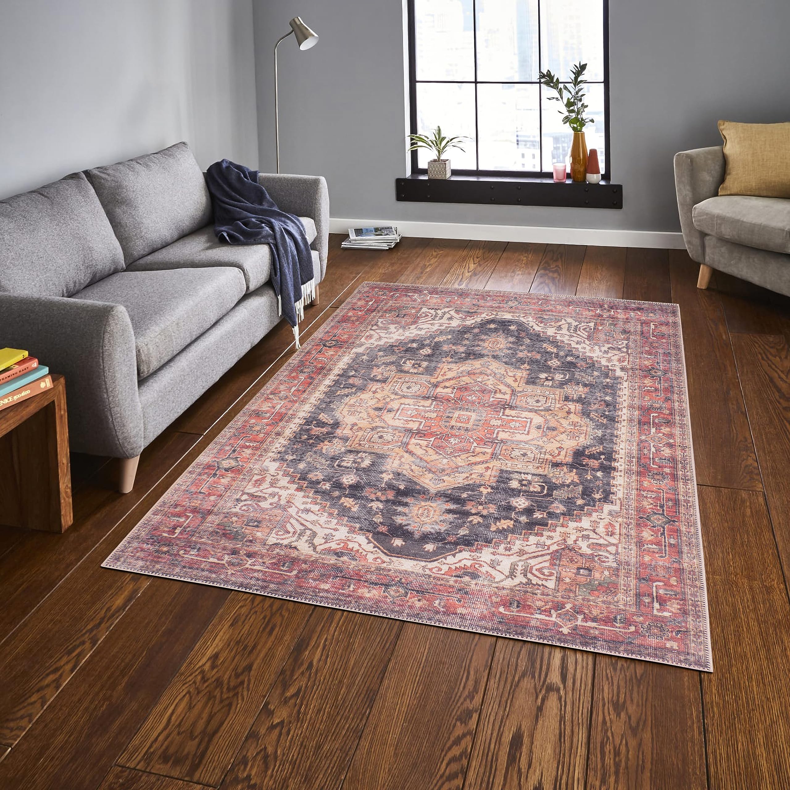 GLN Rugs Mylasa - Machine Washable Area Rug - Black/Terra Home Rug