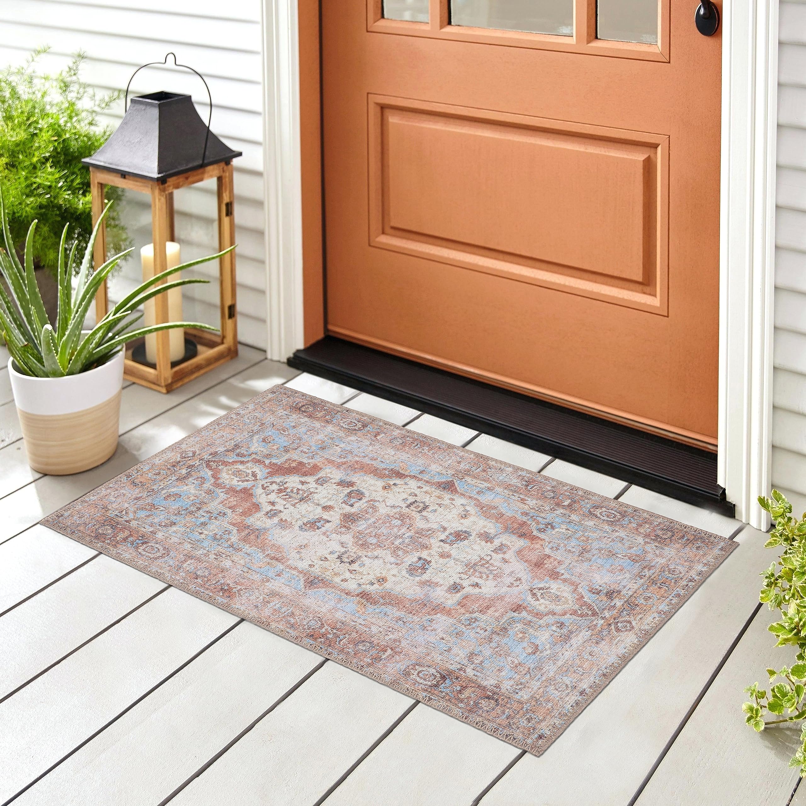 GLN Rugs Sinop - Machine Washable Area Rug - Brown/Blue Home Rug