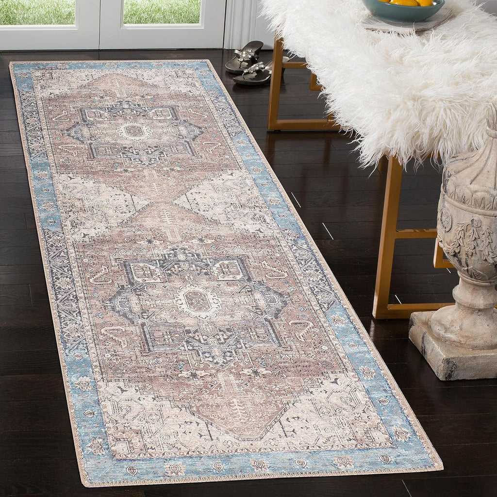 GLN Rugs Sinop - Machine Washable Area Rug - Brown/Blue Home Rug