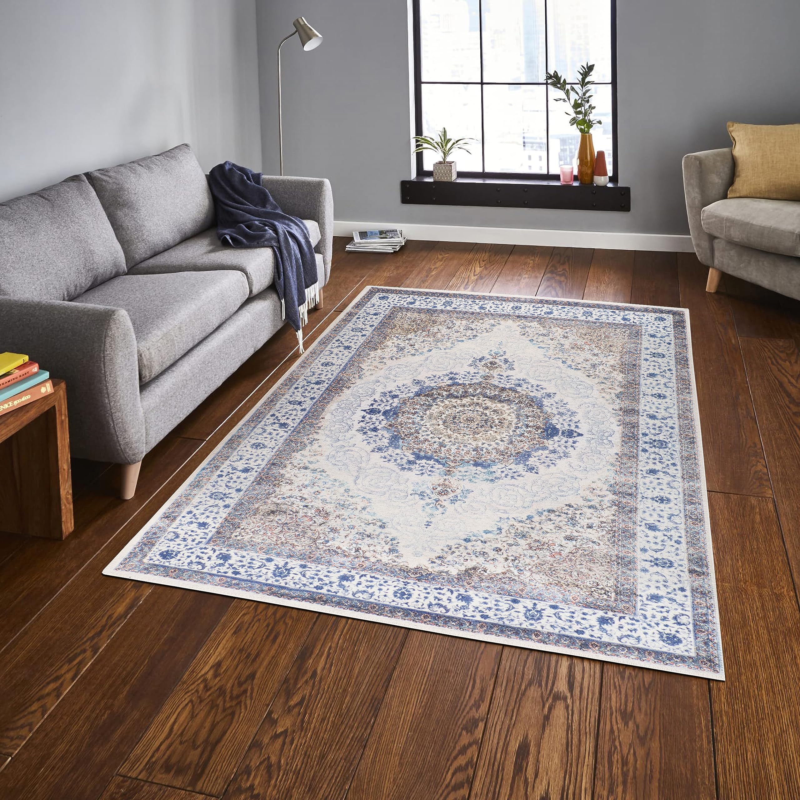 GLN Rugs Vona - Machine Washable Area Rug - Cream/Navy Home Rug