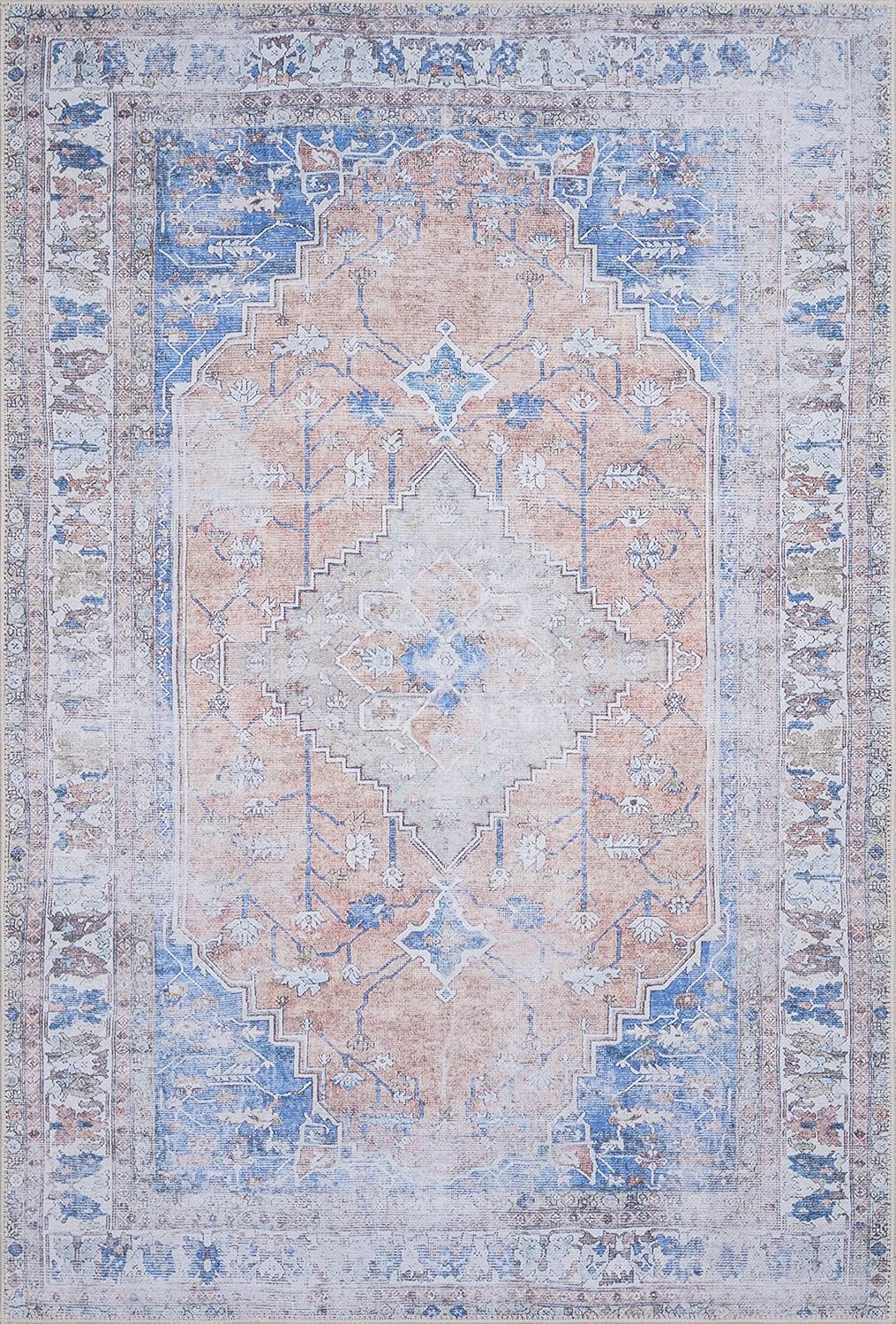 GLN Rugs Larisa - Machine Washable Area Rug - Turkish Peach/Blue Home Rugs