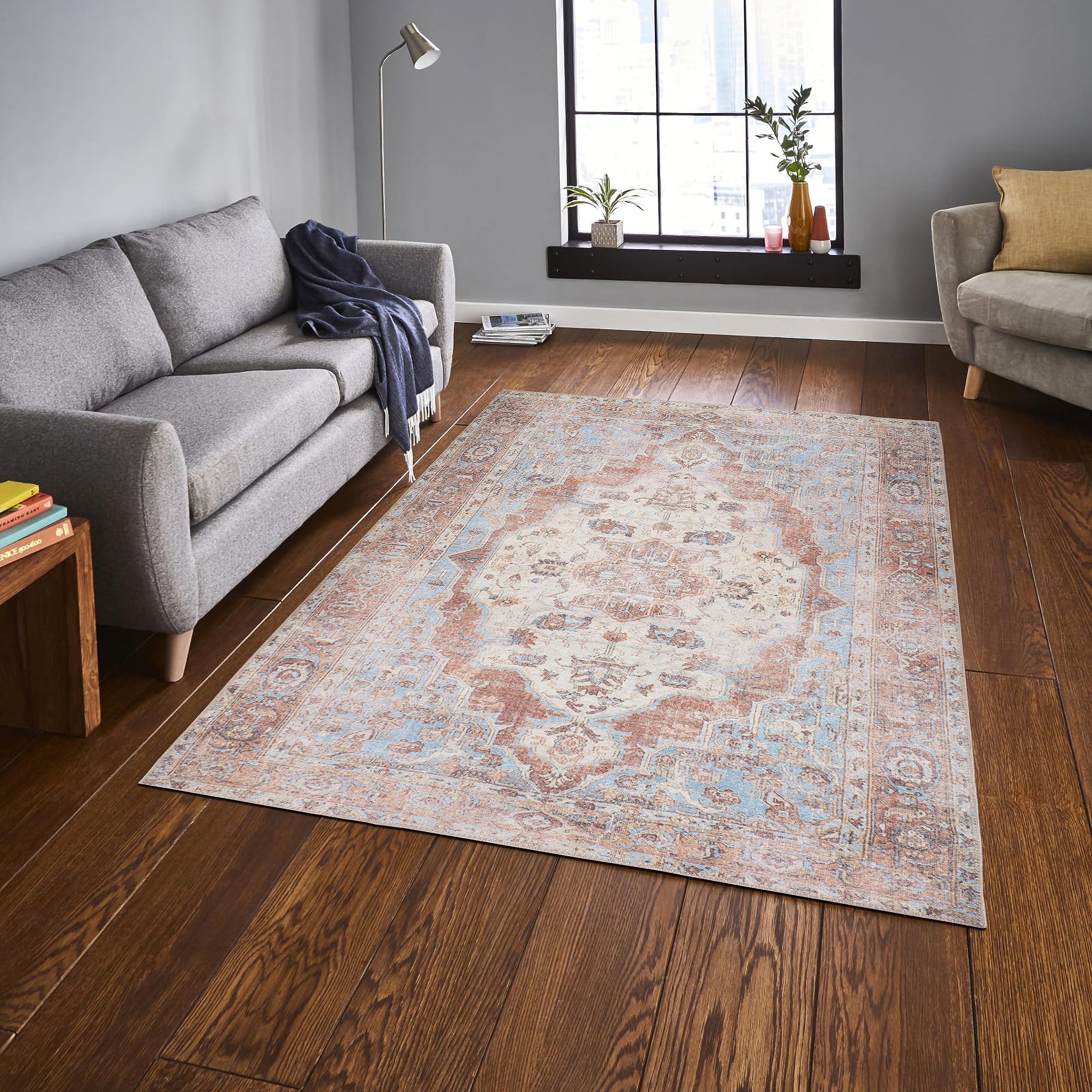 GLN Rugs Sinop - Machine Washable Area Rug - Brown/Blue Home Rug