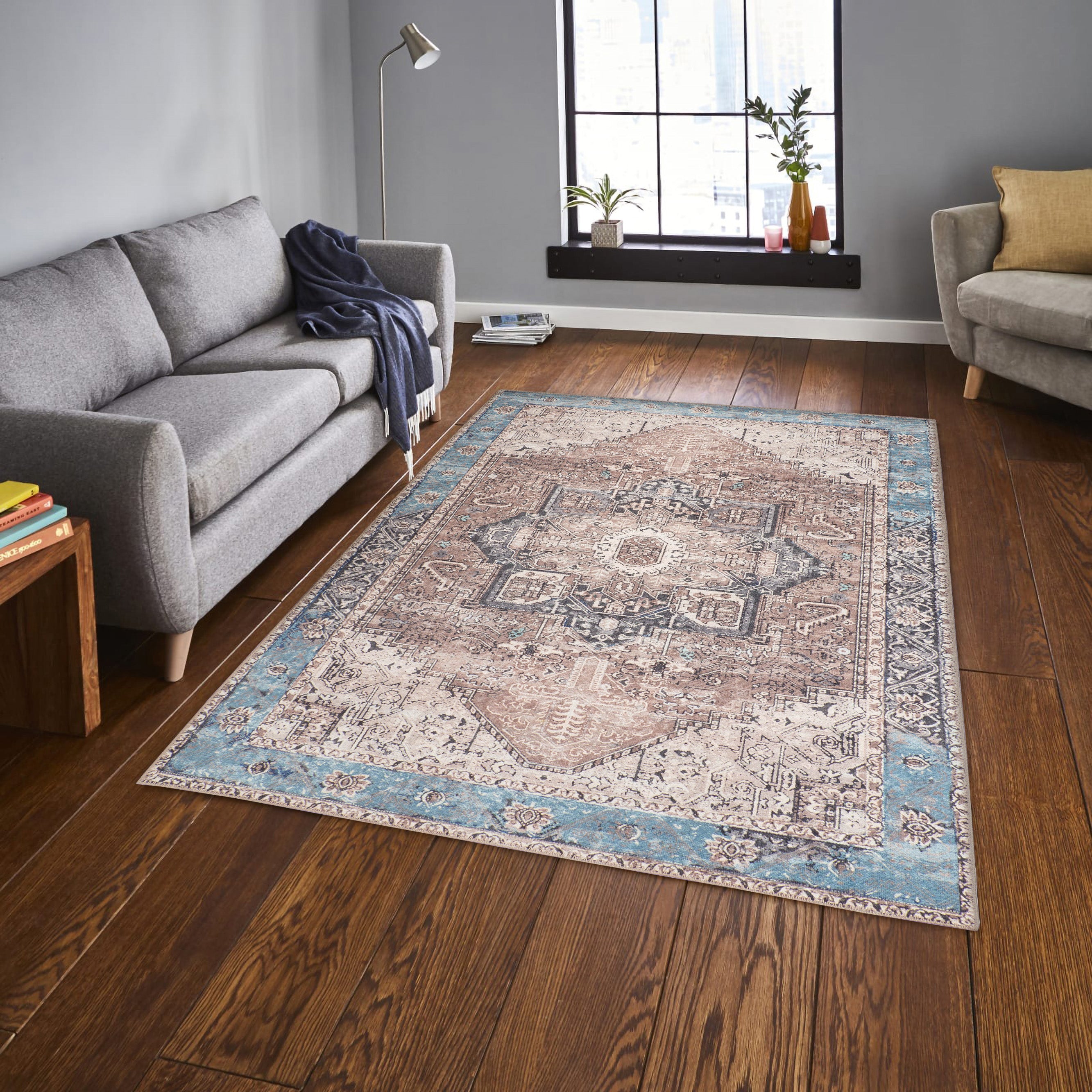 GLN Rugs Sinop - Machine Washable Area Rug - Brown/Blue Home Rug