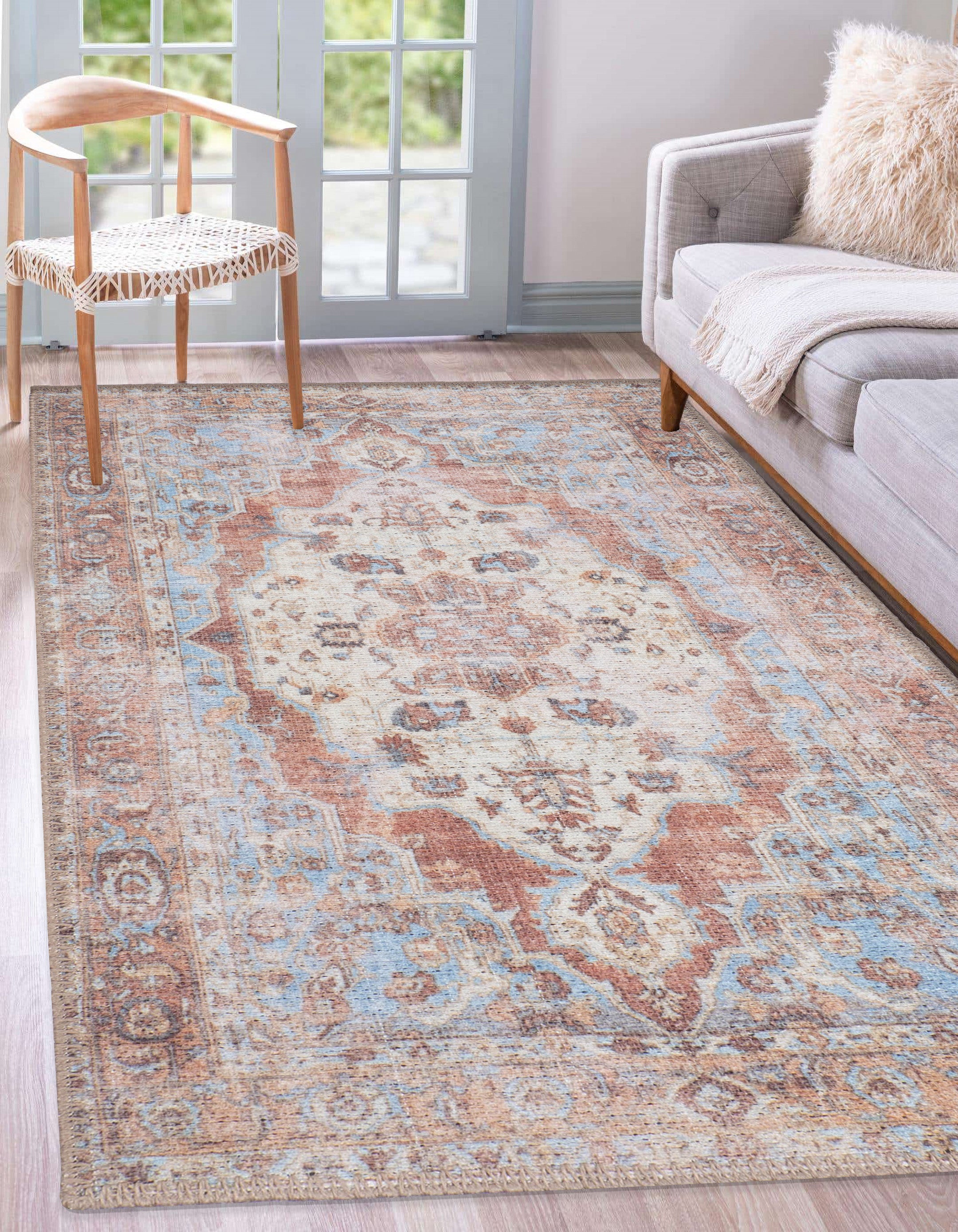 Trapezus - Brown/Beige/Blue Machine Washable Area Rug