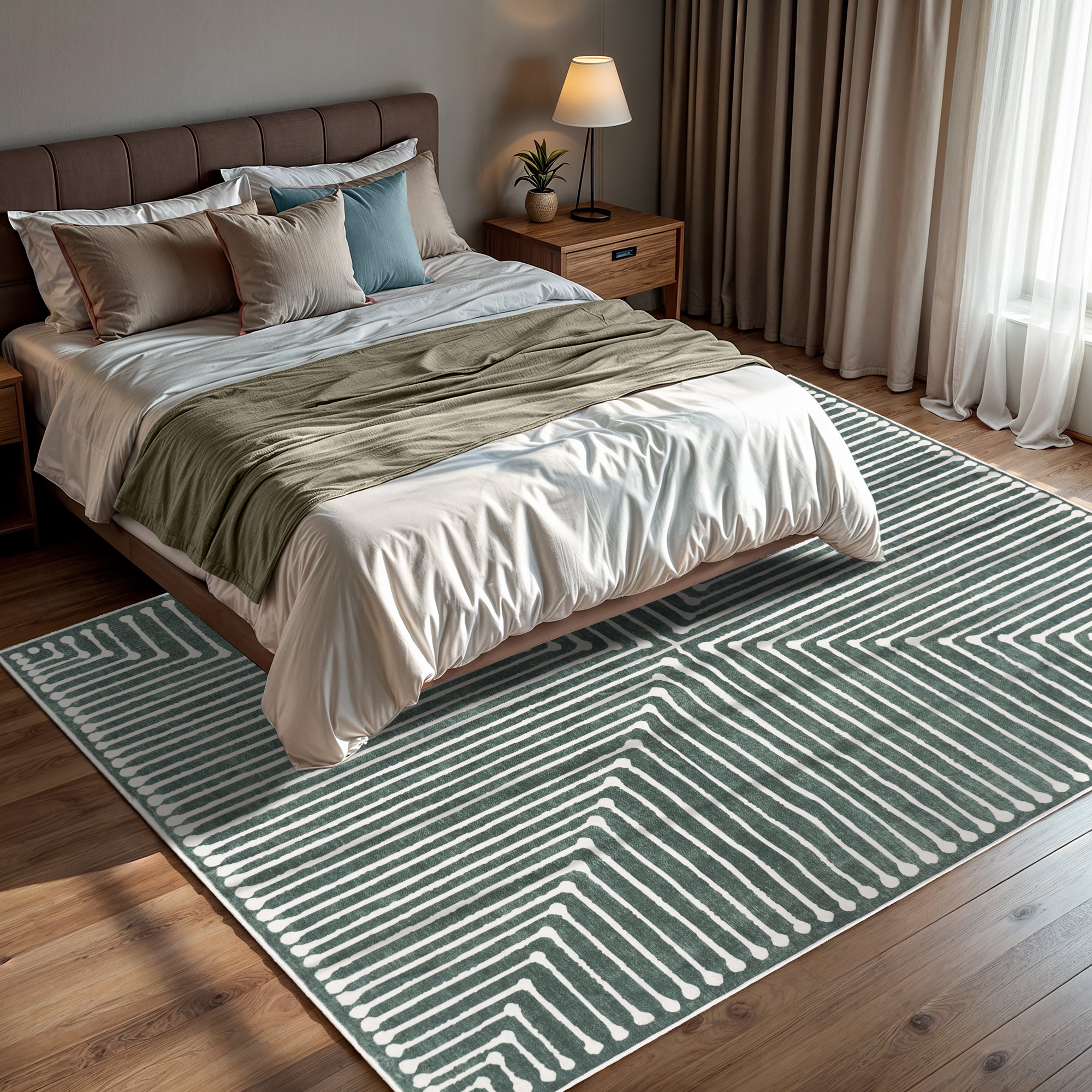 GLN Rugs Priene - Machine Washable Area Rug - Beige/Green Home Rug