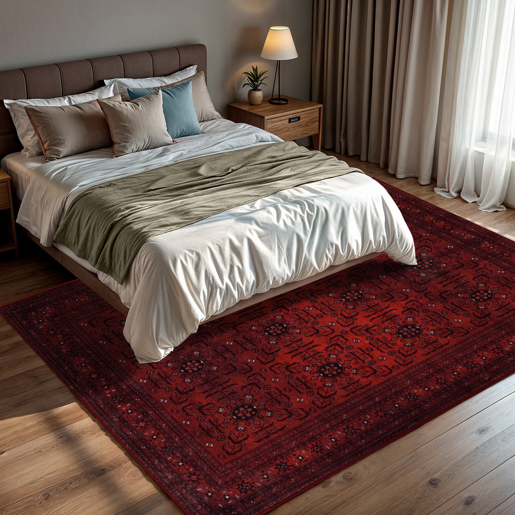 GLN Rugs Lyonesse - Machine Washable Area Rug - Afghan Dark Red Home Rug
