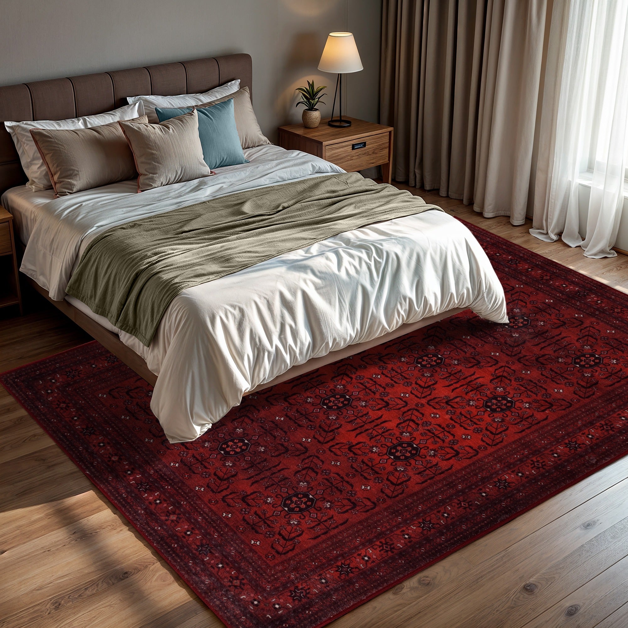 GLN Rugs Lyonesse - Machine Washable Area Rug - Afghan Dark Red Home Rug