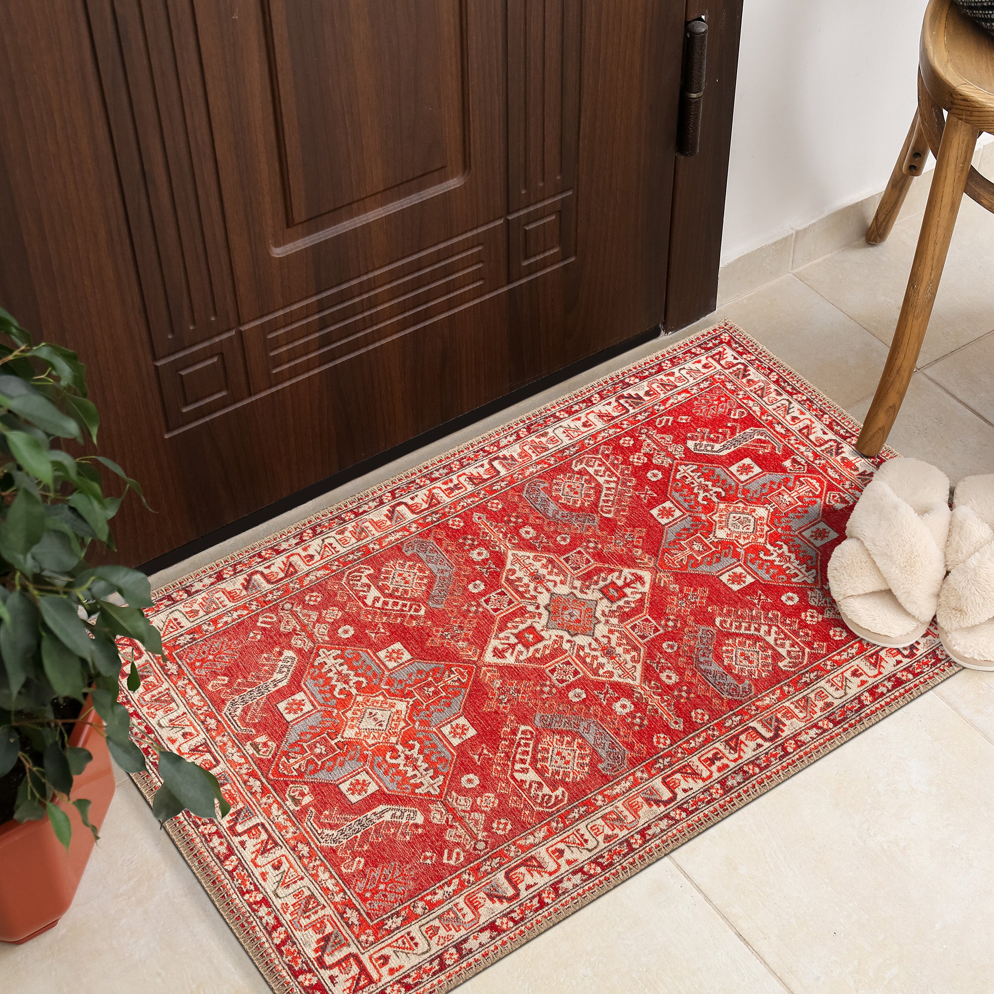 GLN Rugs Knossos - Machine Washable Area Rug - Turkish Red/Beige Home Rugs