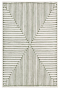 Geometric patterned rug with wavy lines on a white background