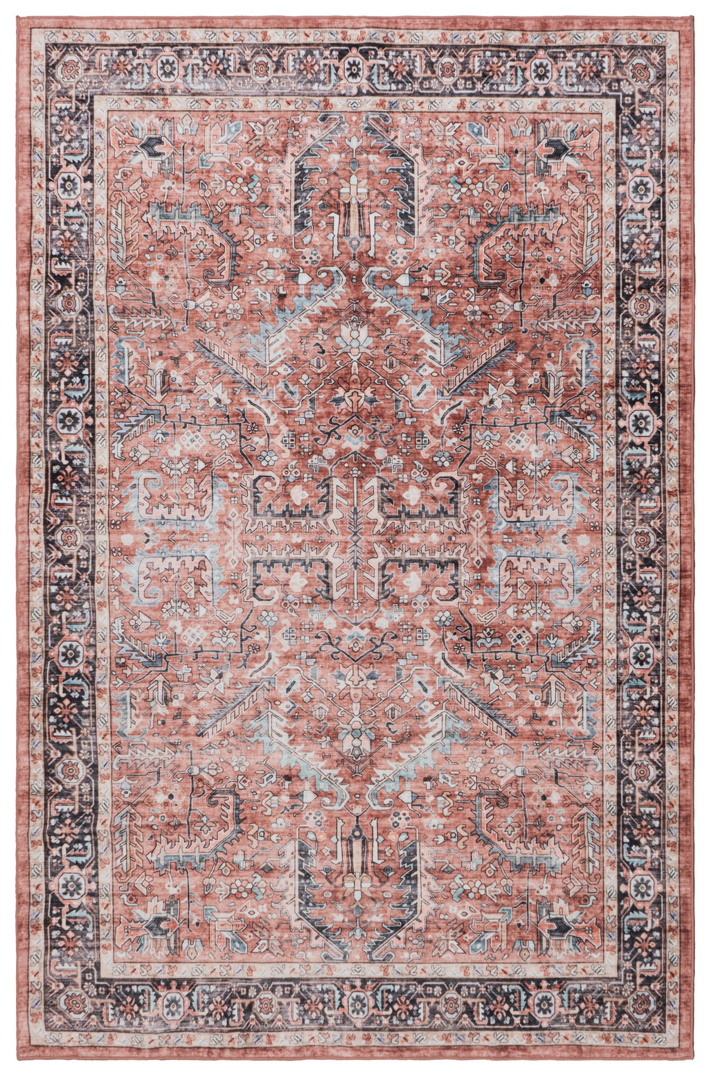 Vintage style rug with intricate patterns on a plain background