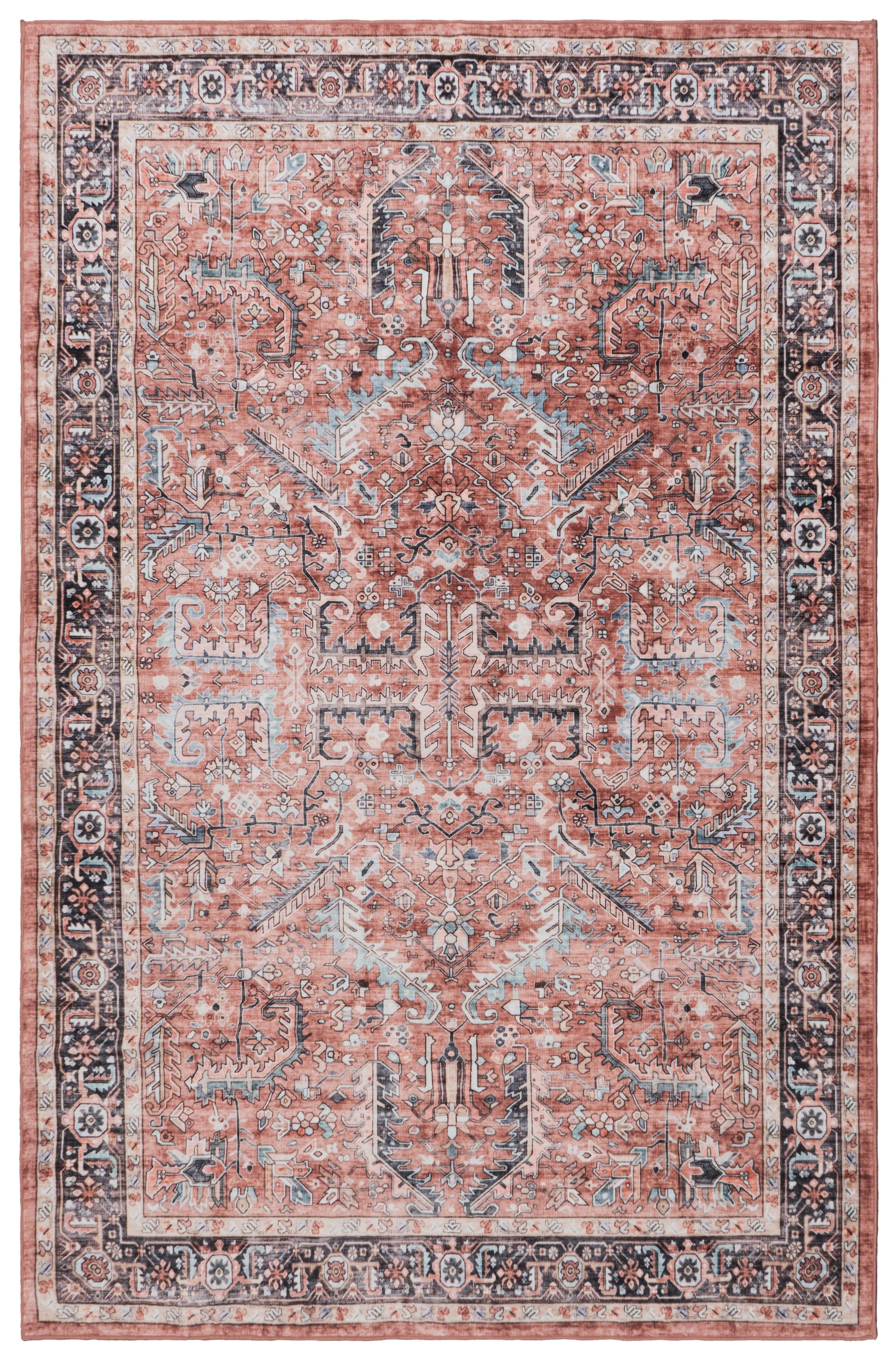 Vintage style rug with intricate patterns on a plain background