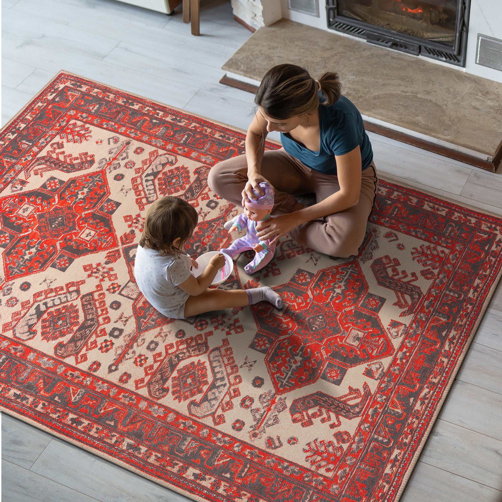 GLN Rugs Sparta - Machine Washable Area Rug - Turkish Red/Black Home Rugs