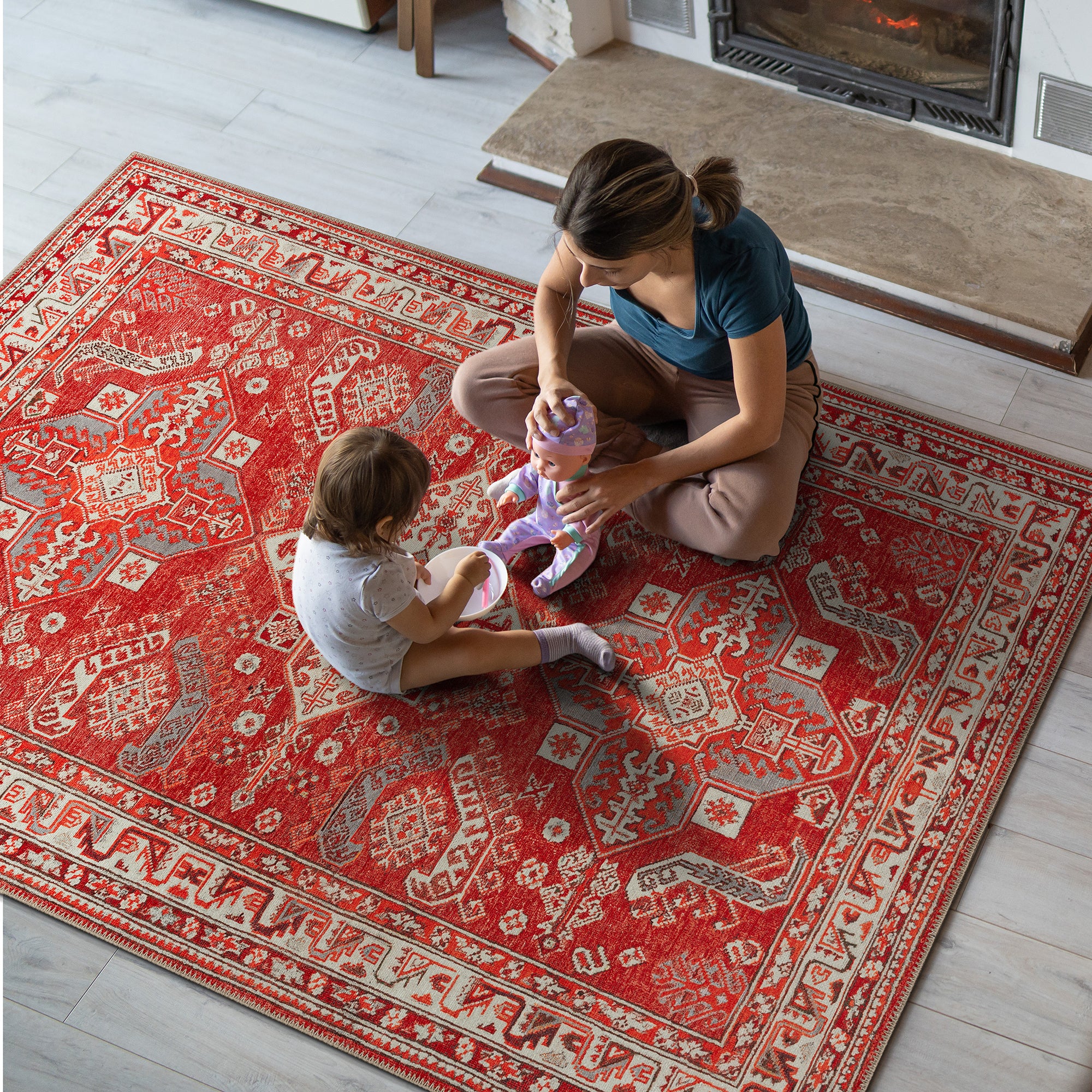 GLN Rugs Knossos - Machine Washable Area Rug - Turkish Red/Beige Home Rugs