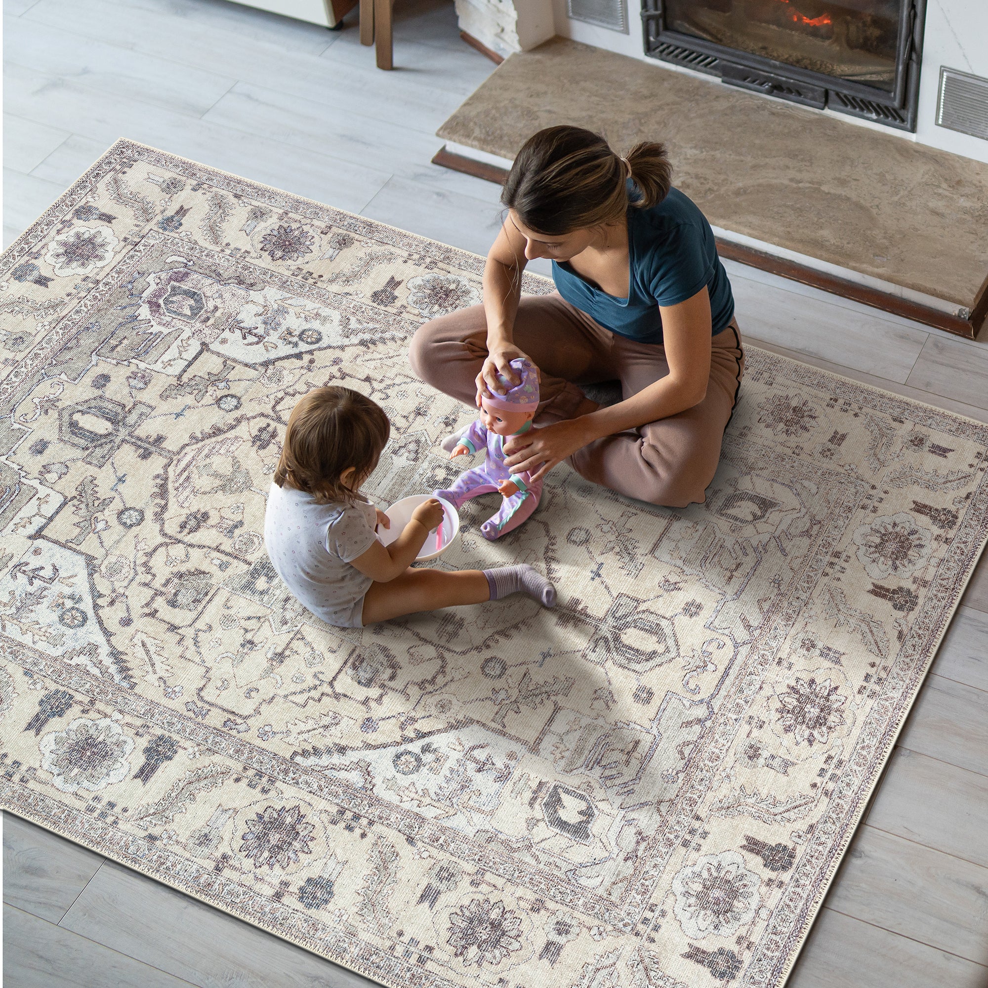 GLN Rugs Cyrene - Machine Washable Area Rug - Turkish Cream/Gray Home Rugs