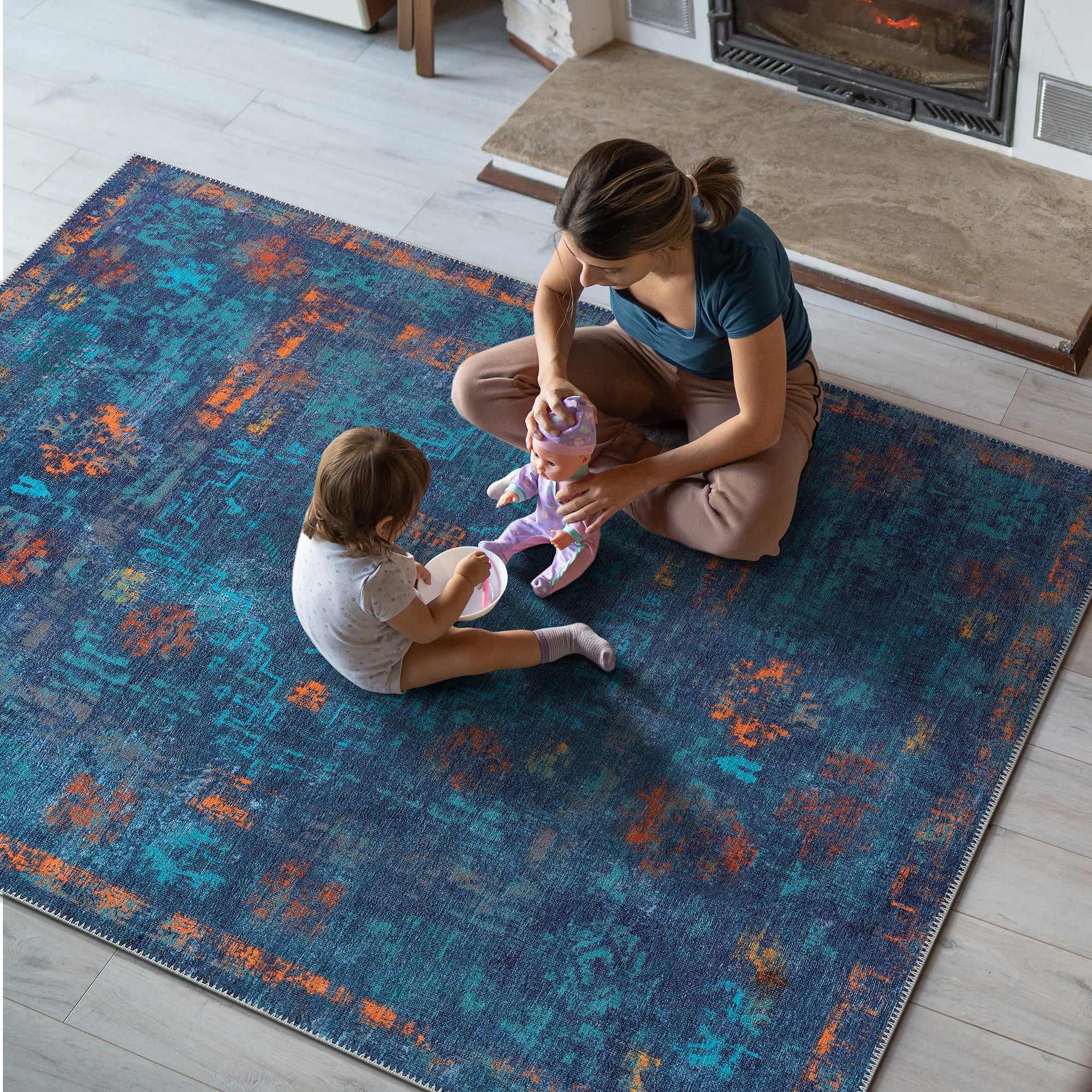 GLN Rugs Atlantis - Machine Washable Area Rug - Abstract Dark Blue Home Rugs