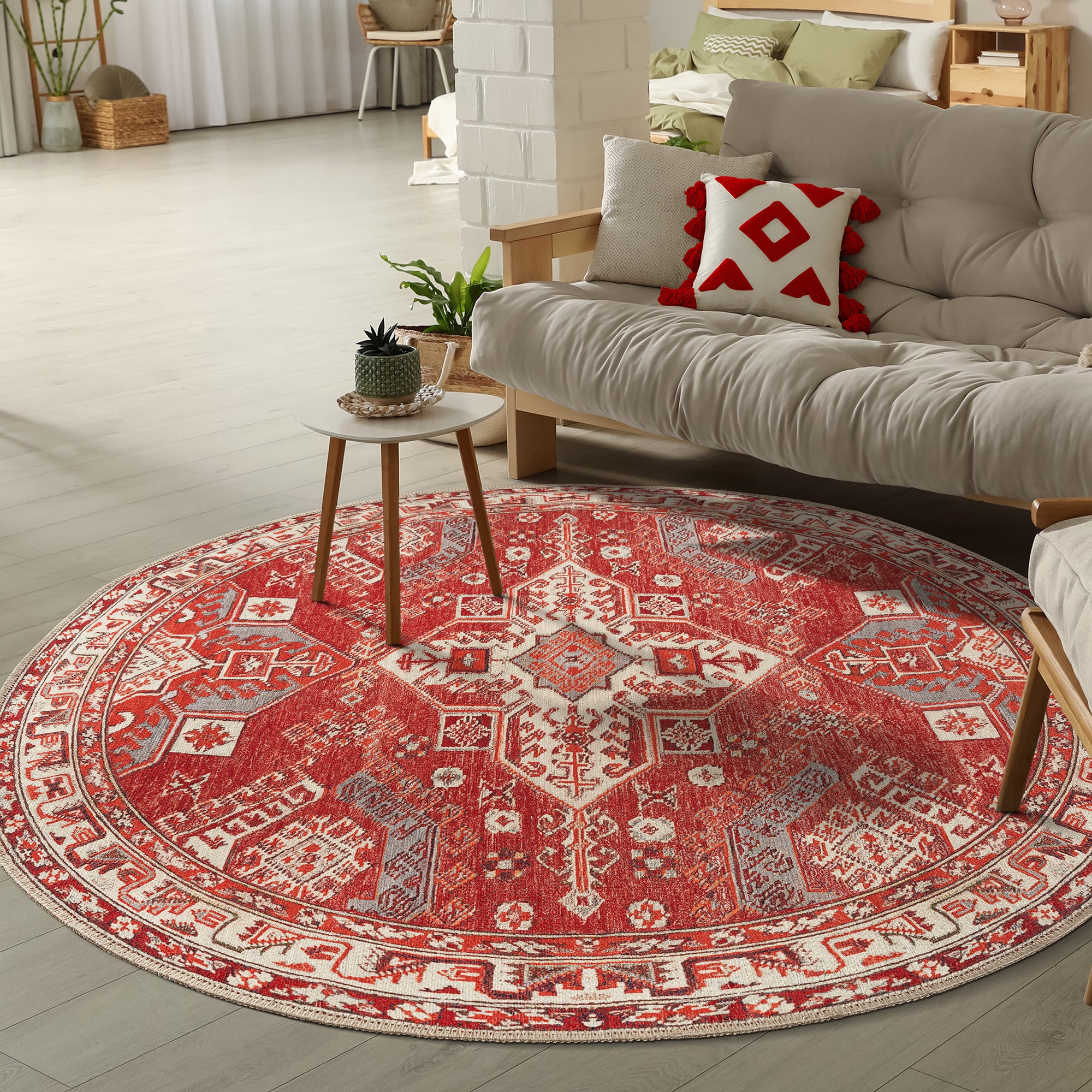 GLN Rugs Knossos - Machine Washable Area Rug - Turkish Red/Beige Home Rugs