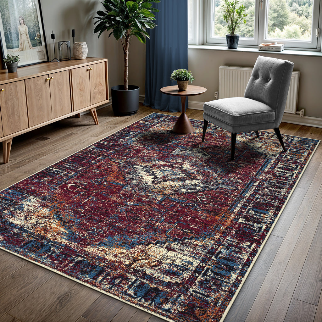 GLN Rugs Narman - Machine Washable Area Rug - Turkish Burgundy Home Rugs