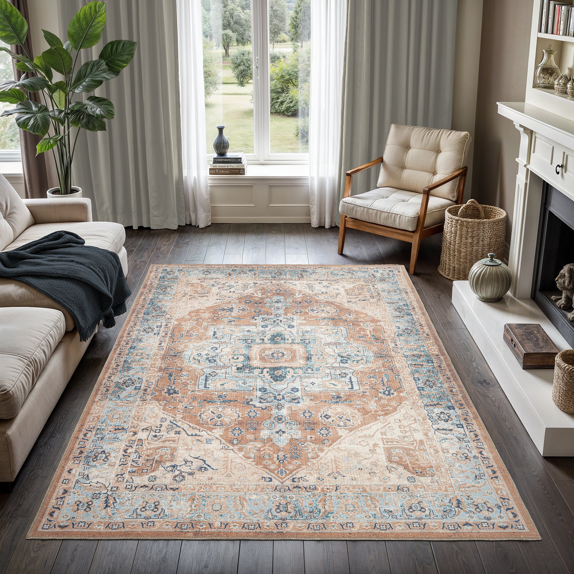 GLN Rugs Hopa - Machine Washable Area Rug - Turkish Brown/Blue Home Rugs