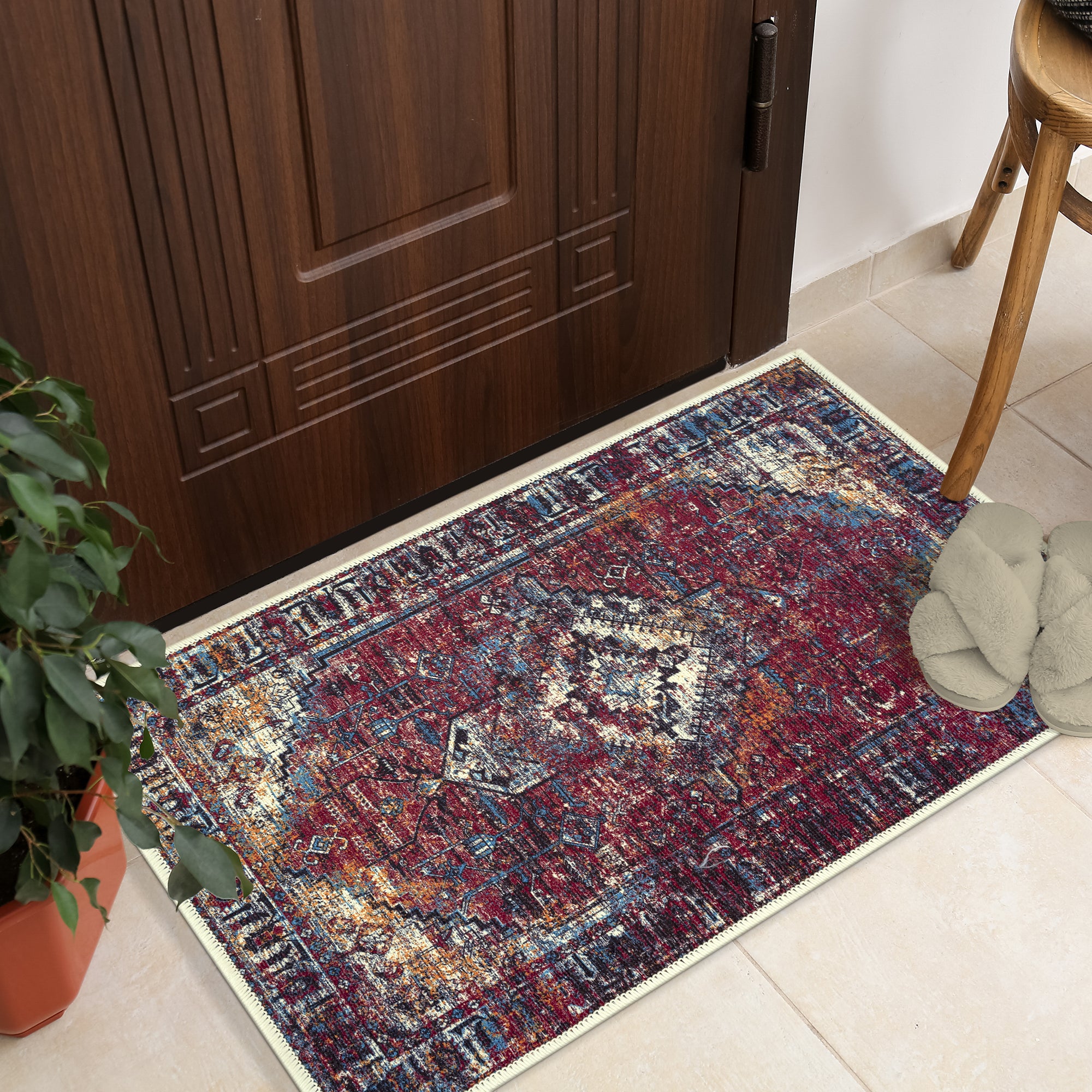 GLN Rugs Narman - Machine Washable Area Rug - Turkish Burgundy Home Rugs