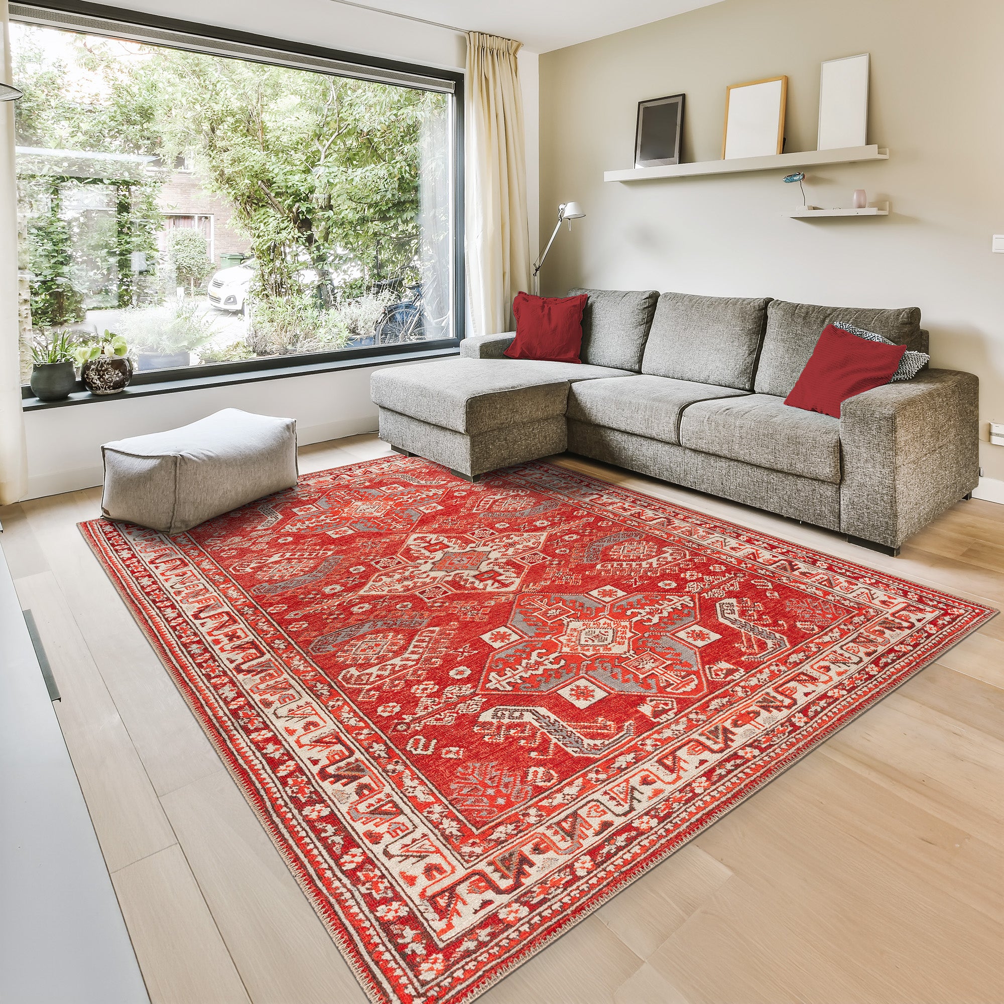 GLN Rugs Knossos - Machine Washable Area Rug - Turkish Red/Beige Home Rugs