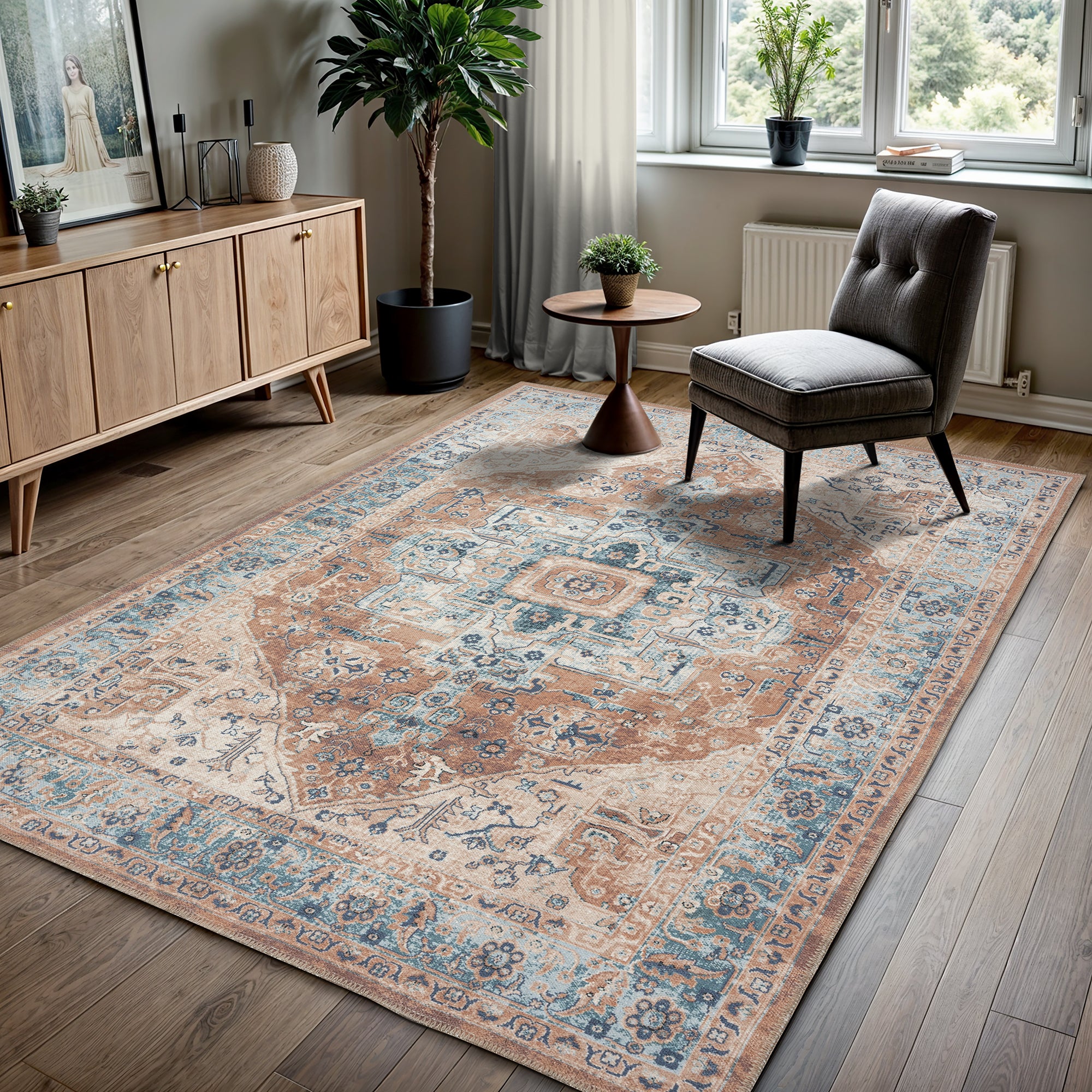 GLN Rugs Hopa - Machine Washable Area Rug - Turkish Brown/Blue Home Rugs