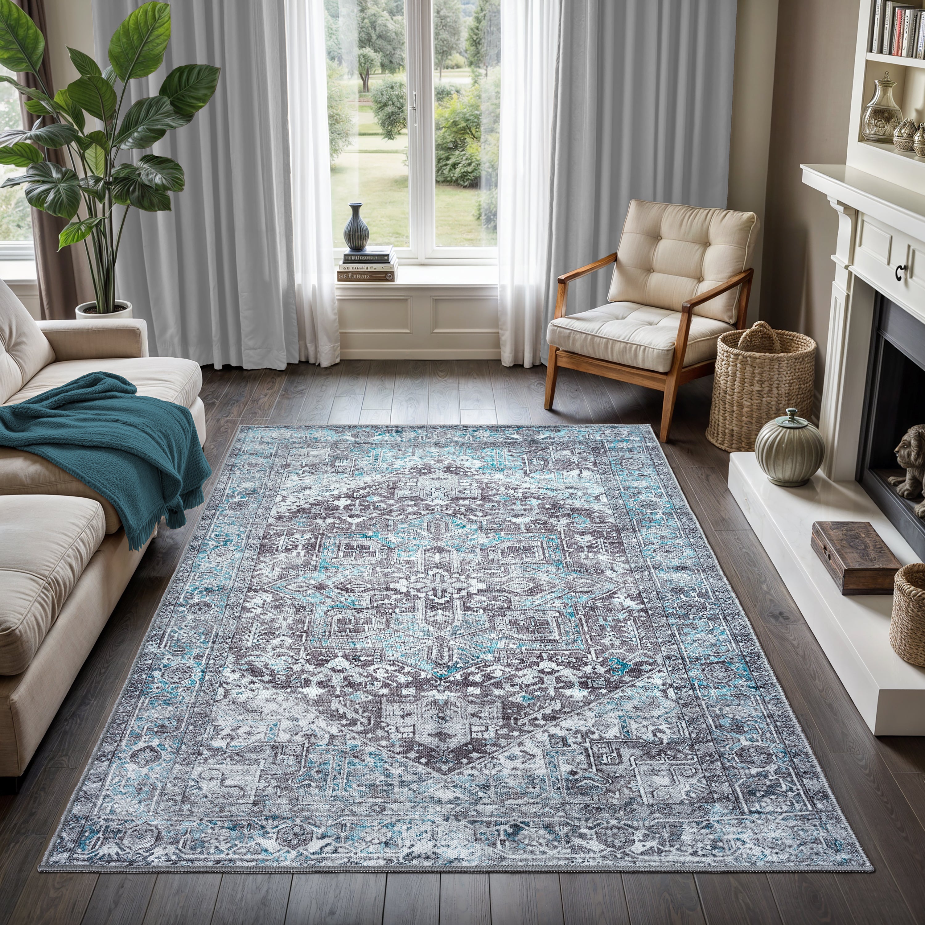 GLN Rugs Memphis - Machine Washable Area Rug - Turkish Ice Blue/Gray Home Rugs