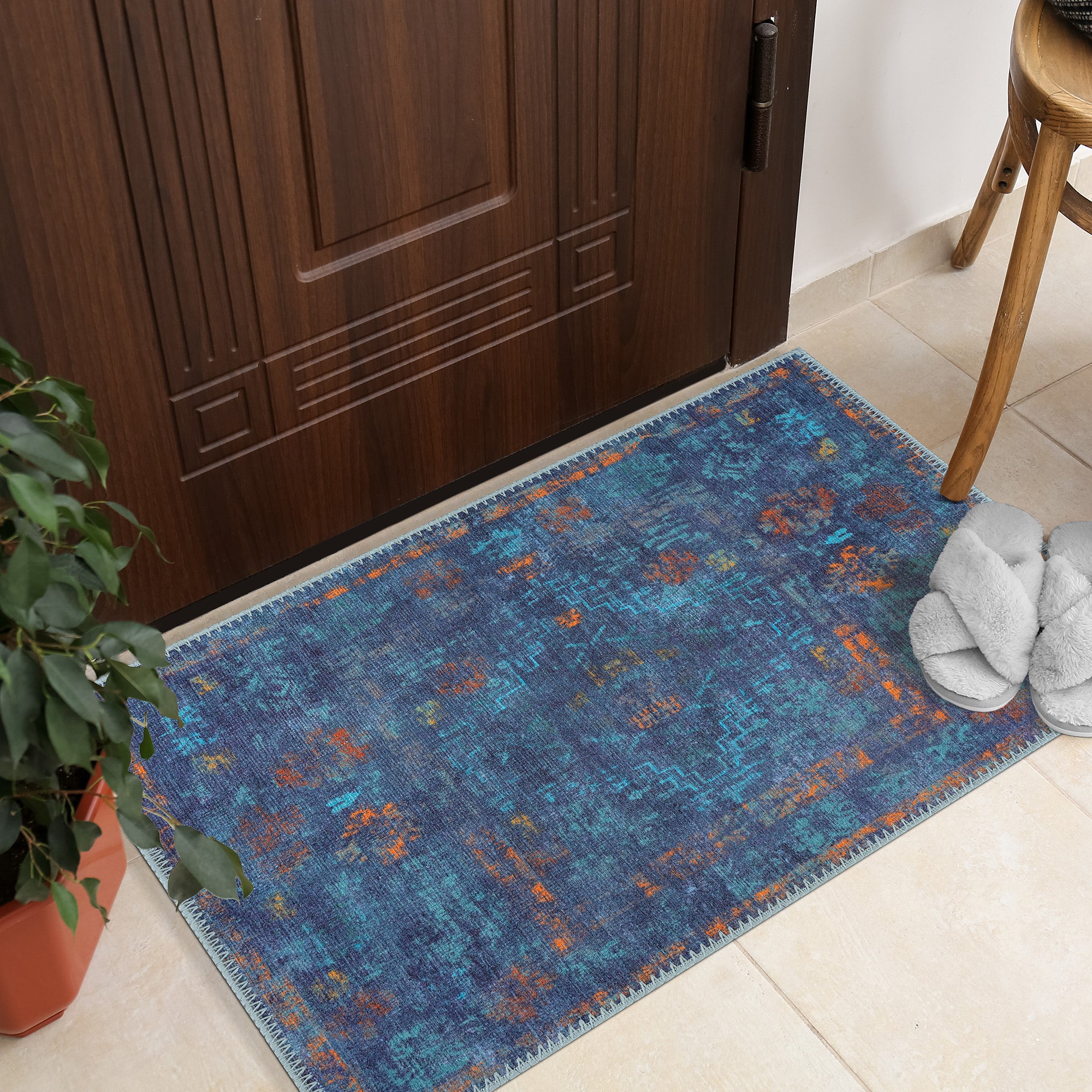 GLN Rugs Atlantis - Machine Washable Area Rug - Abstract Dark Blue Home Rugs