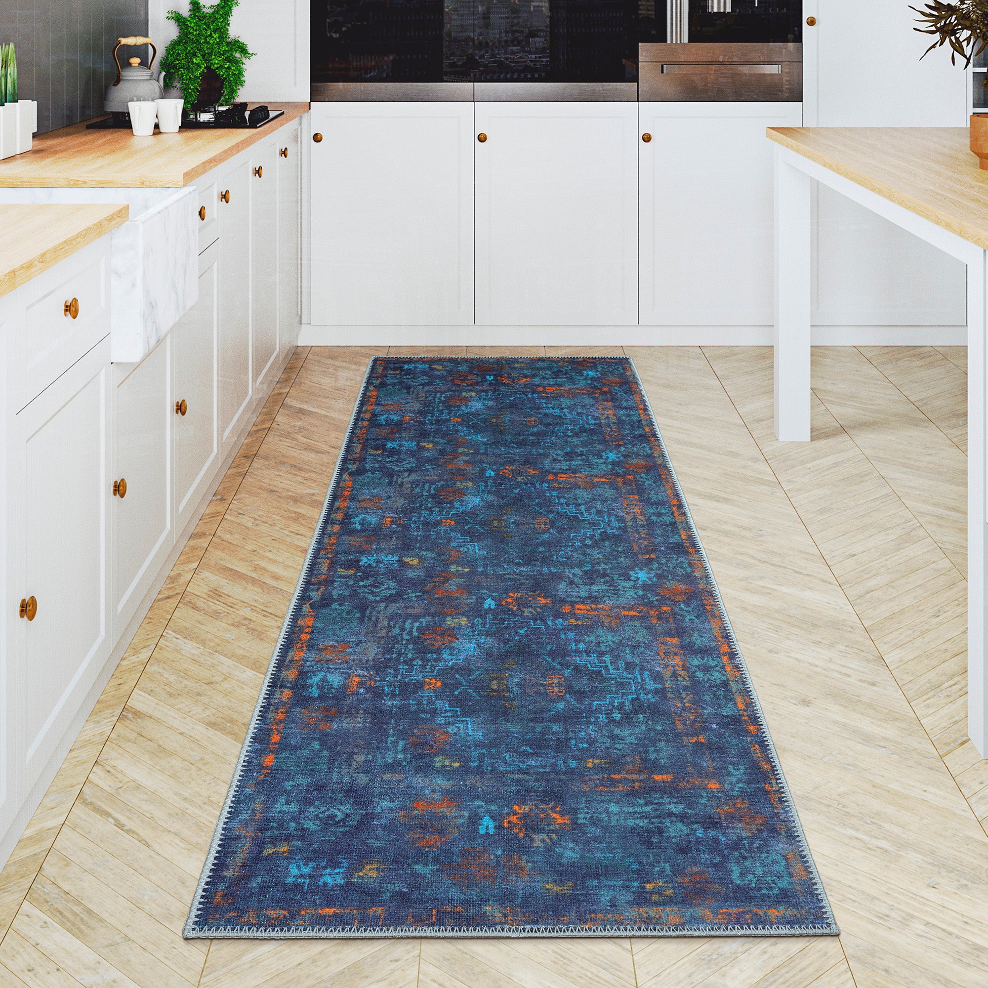 GLN Rugs Atlantis - Machine Washable Area Rug - Abstract Dark Blue Home Rugs