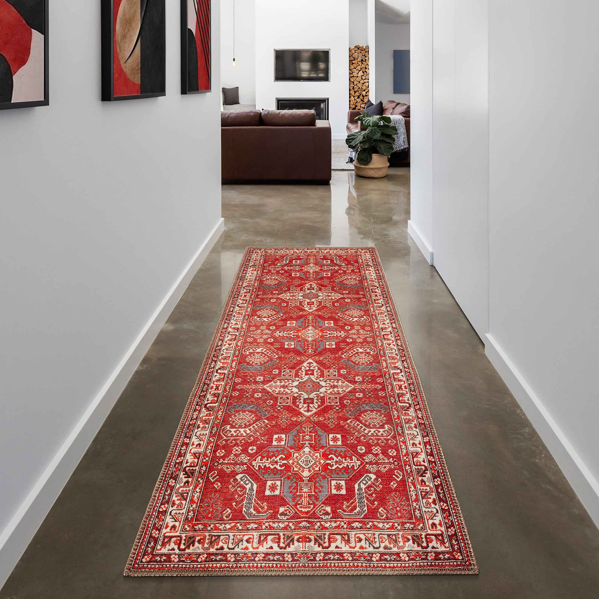 GLN Rugs Knossos - Machine Washable Area Rug - Turkish Red/Beige Home Rugs