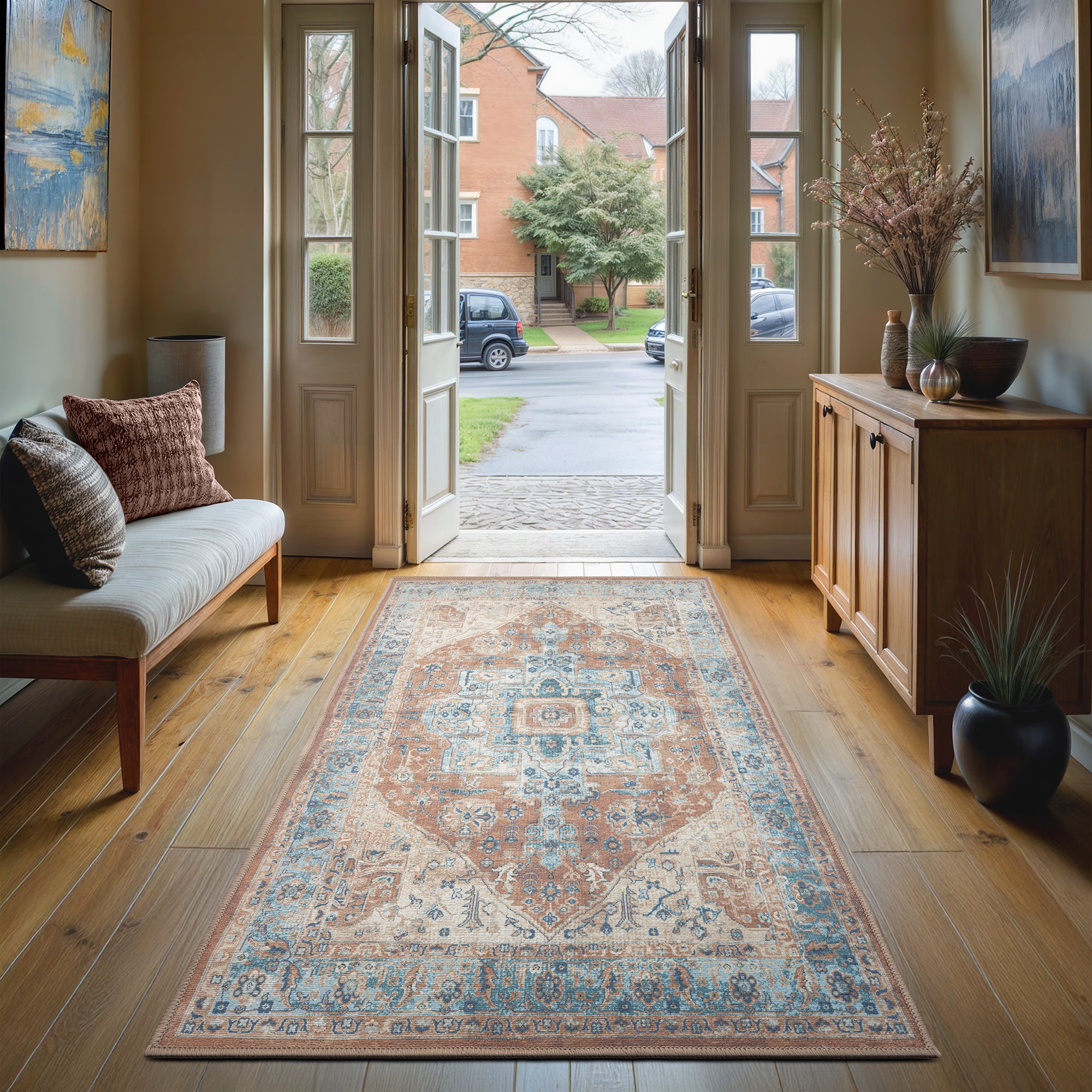 GLN Rugs Hopa - Machine Washable Area Rug - Turkish Brown/Blue Home Rugs